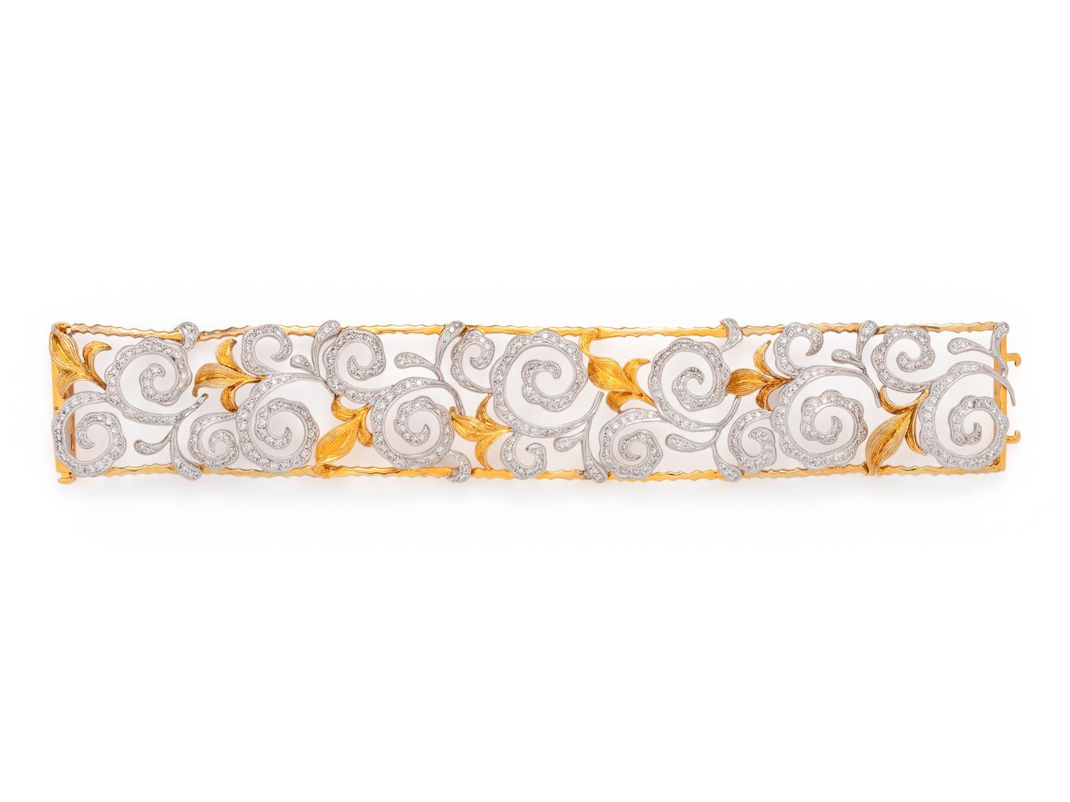 YELLOW GOLD, STERLING SILVER AND DIAMOND BRACELET