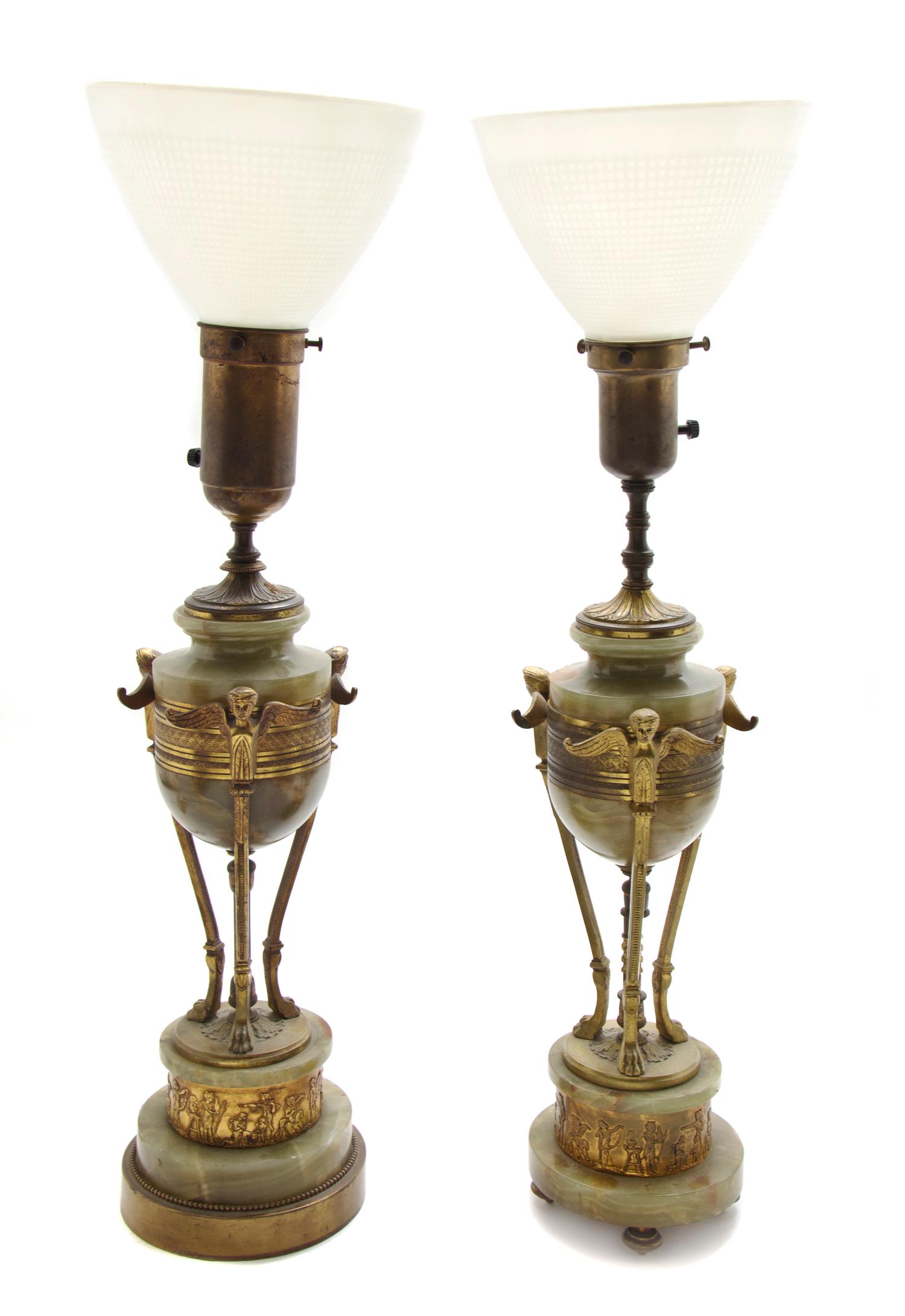 A Pair of Neoclassical Onyx and Gilt Bronze Cassolettes, Height of taller 22 inches.