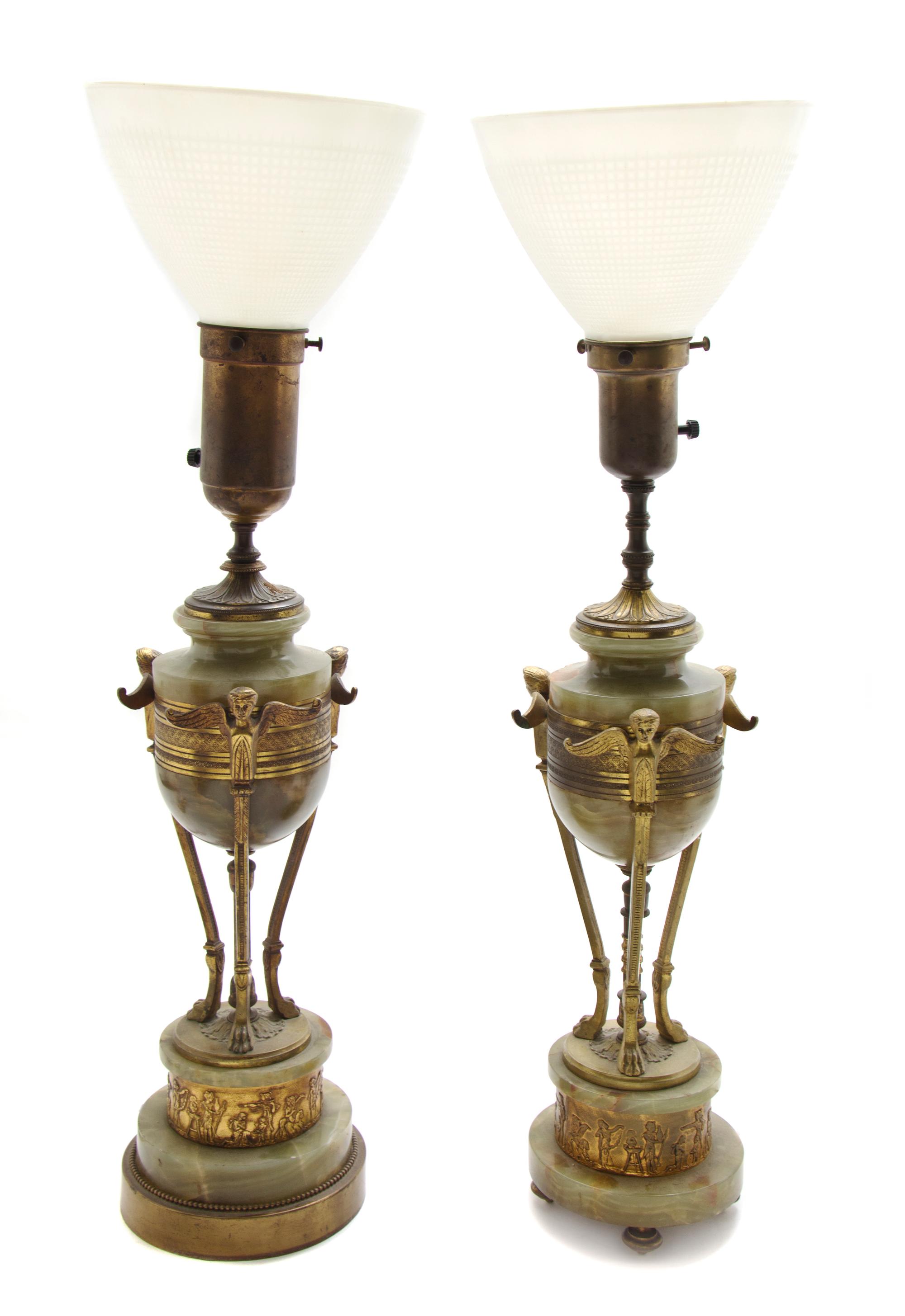 A Pair of Neoclassical Onyx and Gilt Bronze Cassolettes, Height of taller 22 inches.
