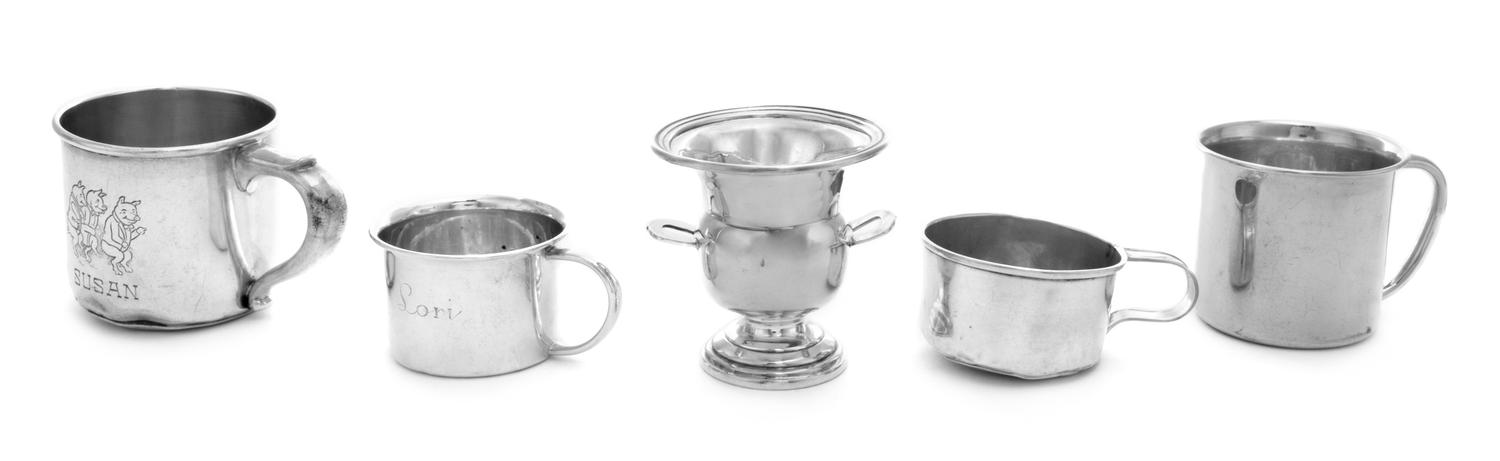 A Collection of Four American Silver Children's Mugs, Various Makers, each with engraved names and monograms, together with an American