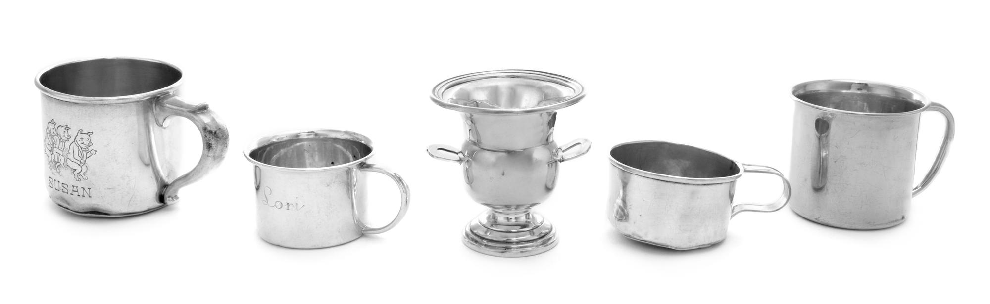 A Collection of Four American Silver Children's Mugs, Various Makers, each with engraved names and monograms, together with an American