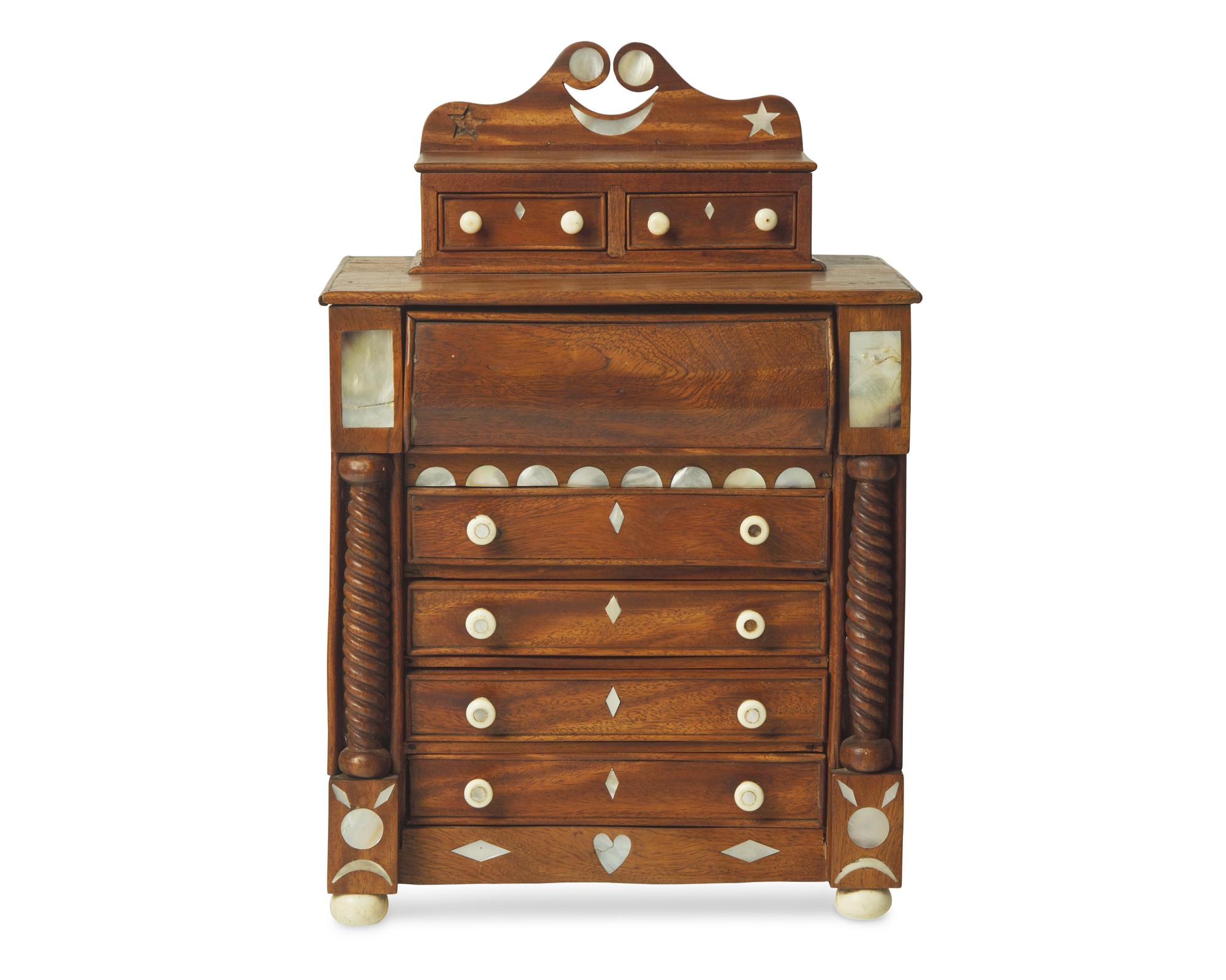A Miniature Classical Mother-of-Pearl Inlaid Mahogany Chest of Drawers, Likely First Half 19th Century