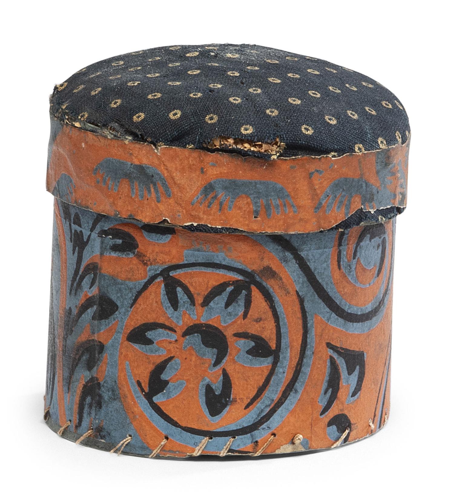 A Miniature Wallpaper Box with Pincushion Cover, 19th Century