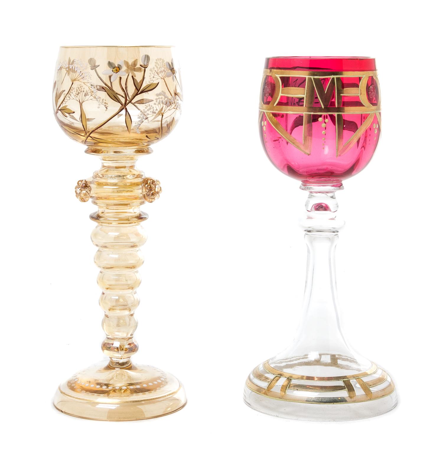 Two Enameled Glass Goblets Height of tallest 7 1/2 inches.