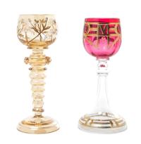 Two Enameled Glass Goblets Height of tallest 7 1/2 inches.