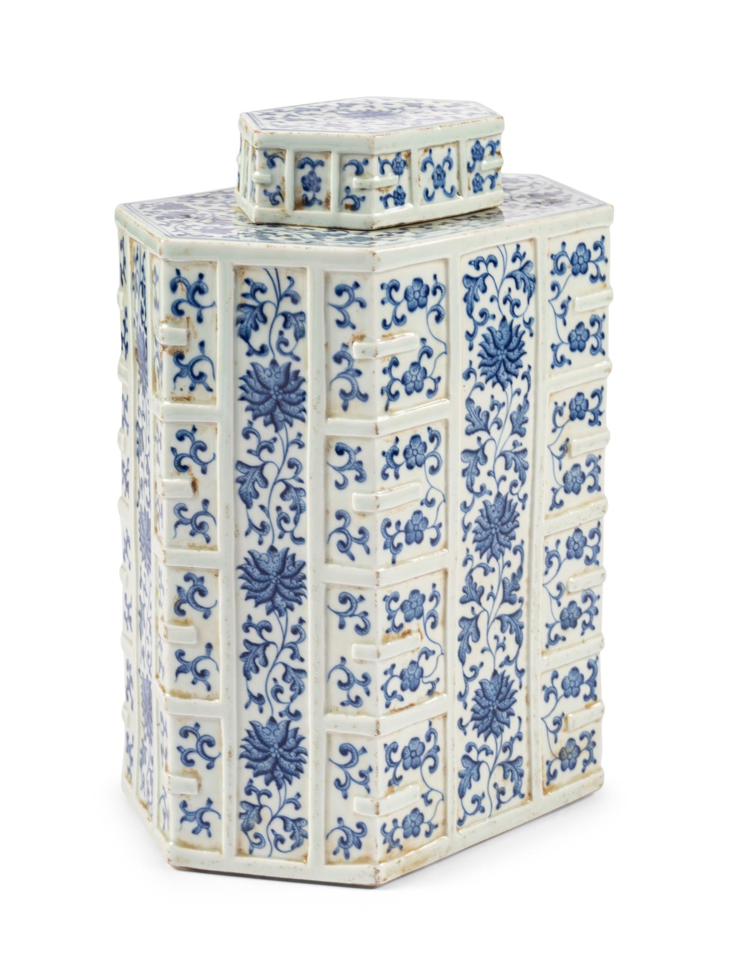 A Large Chinese Blue and White Hexagonal Porcelain Jar and Cover