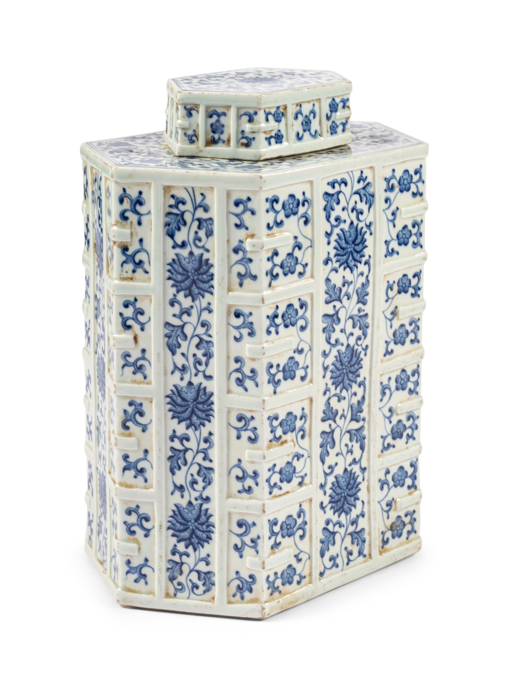 A Large Chinese Blue and White Hexagonal Porcelain Jar and Cover