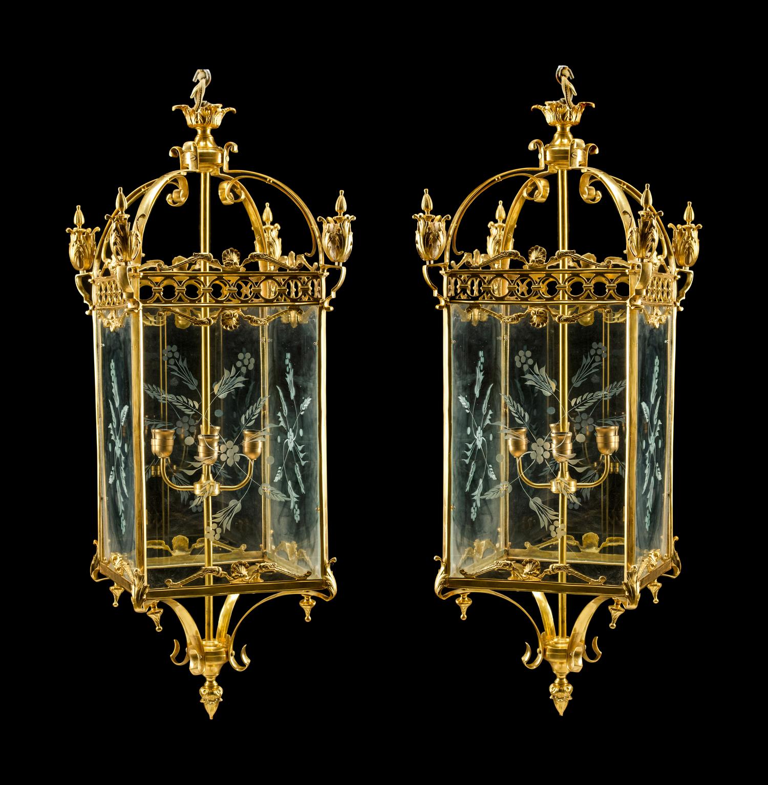 A Pair of English Gilt-Bronze and Etched Glass Lanterns