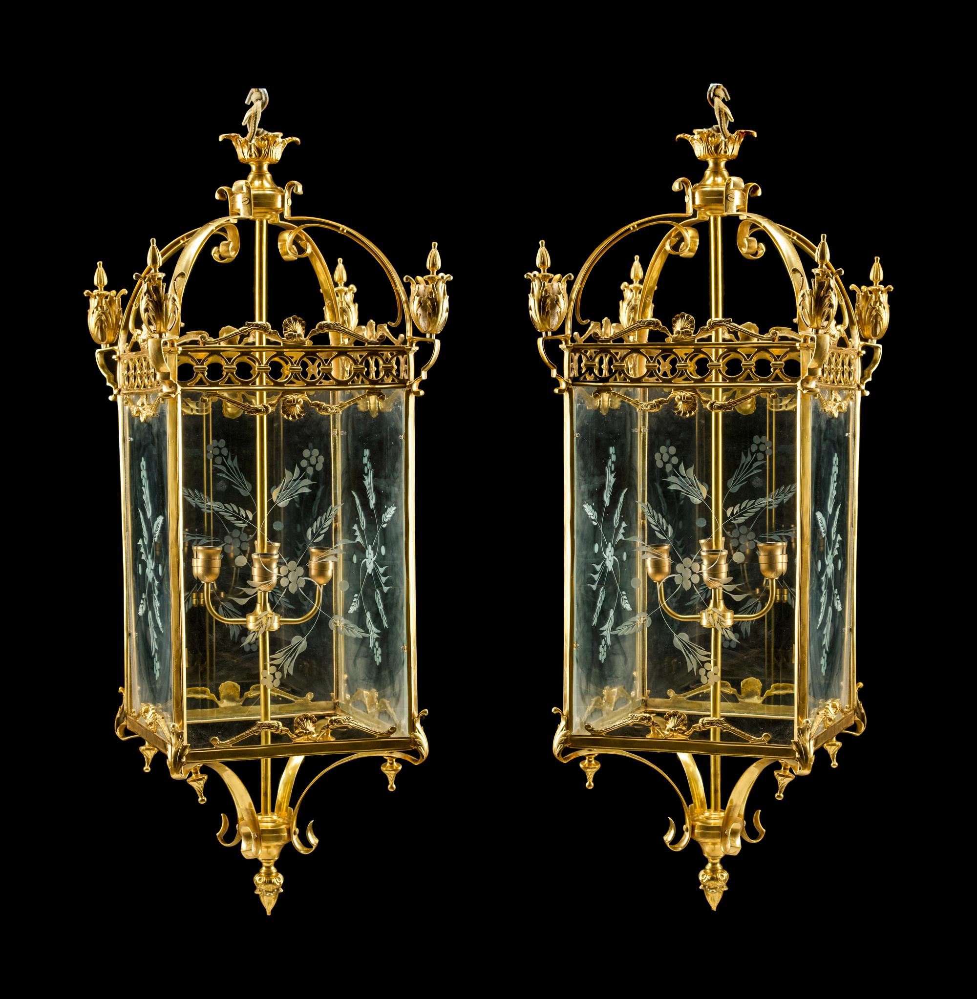 A Pair of English Gilt-Bronze and Etched Glass Lanterns