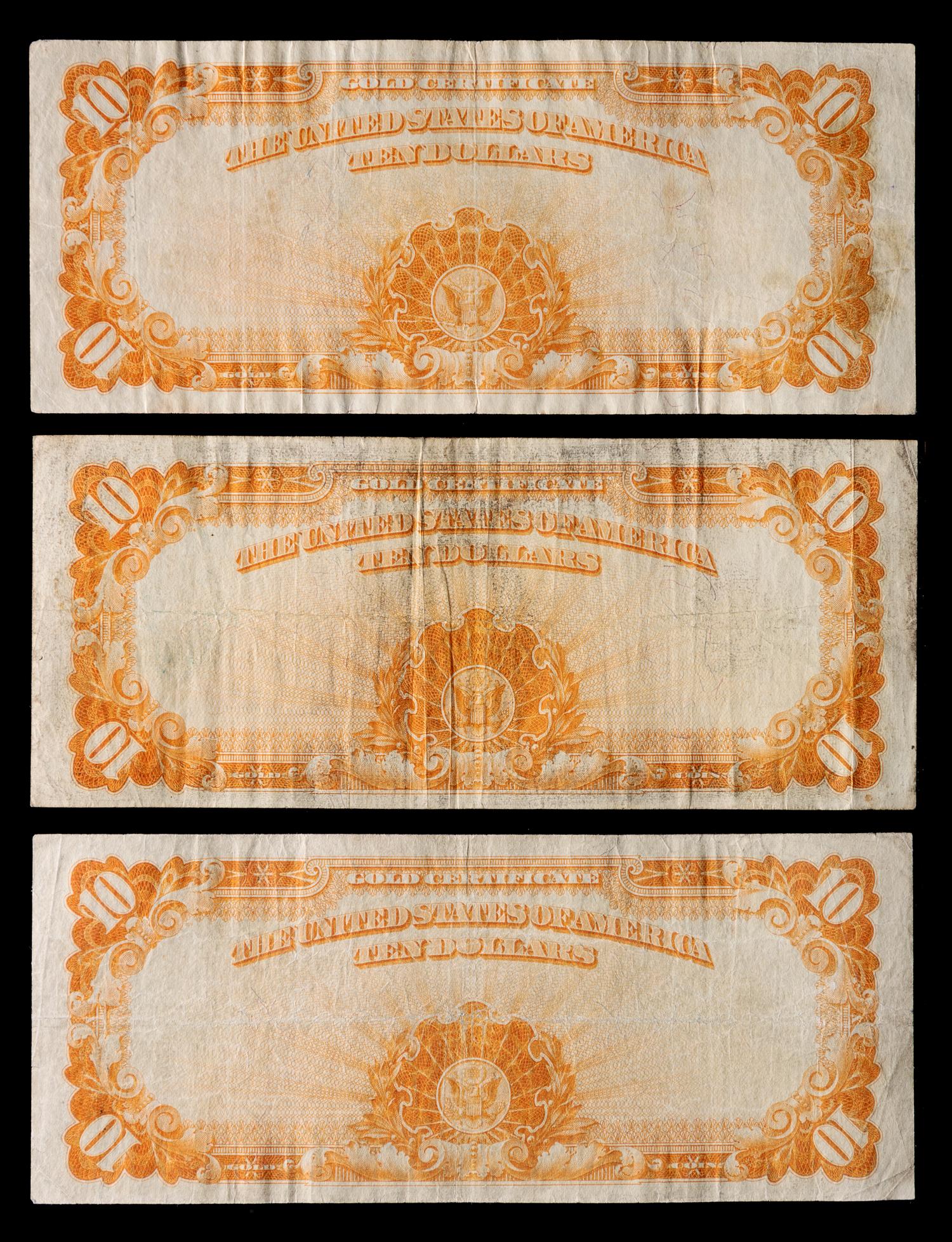 A Group of Three United States Series 1922 $10 Gold Certificates