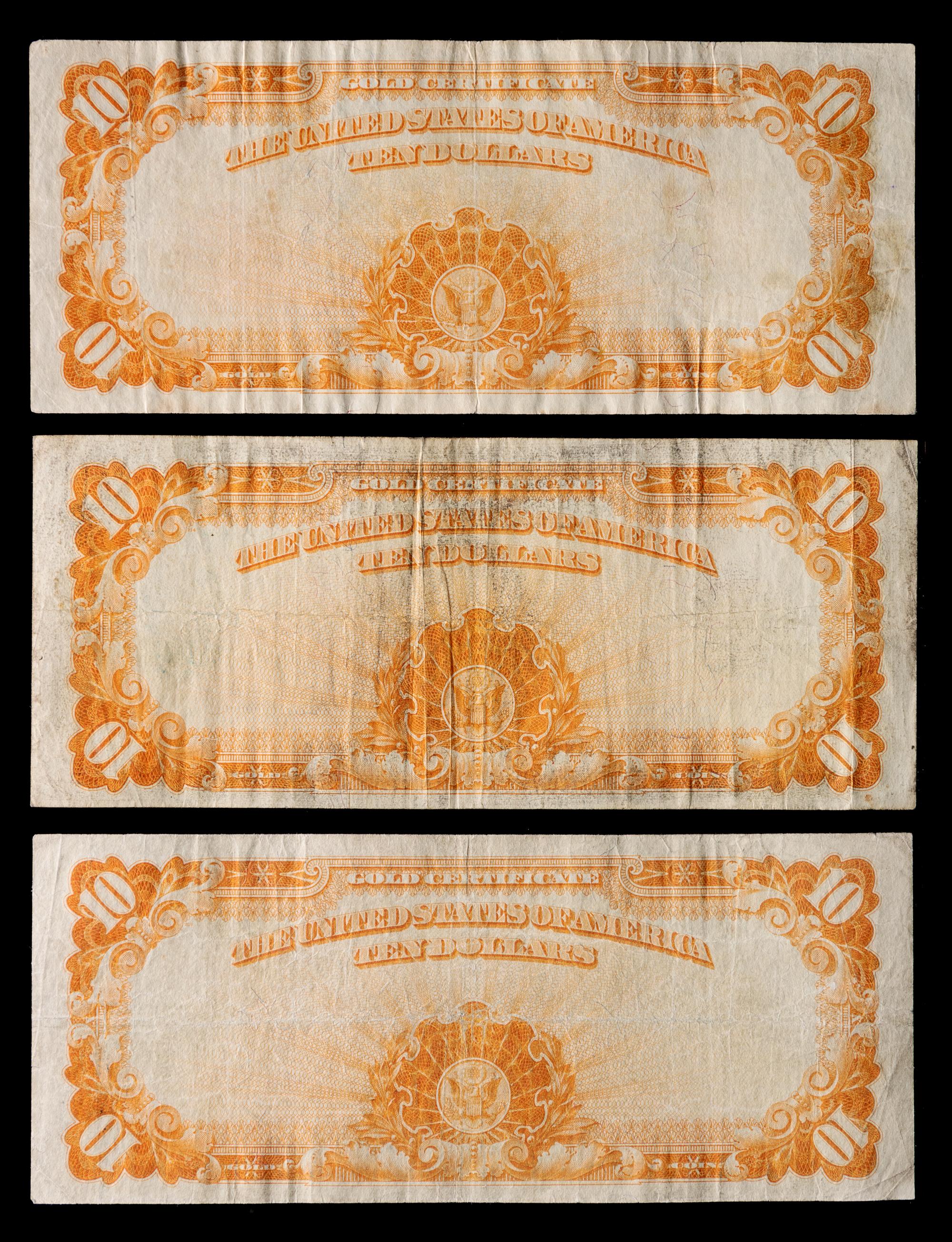 A Group of Three United States Series 1922 $10 Gold Certificates