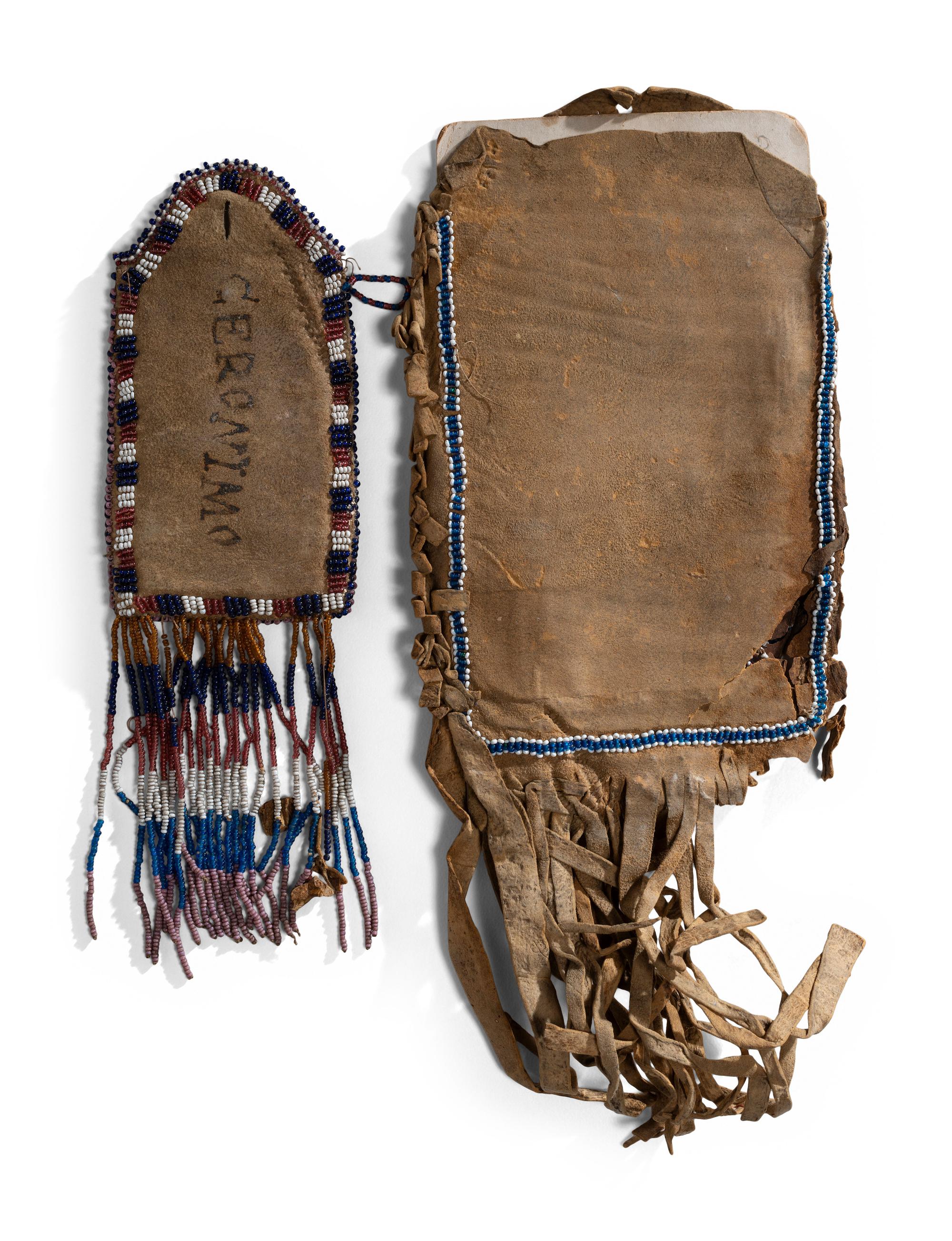 Apache Beaded Hide Pouch and Frame, Both Signed by Geronimo