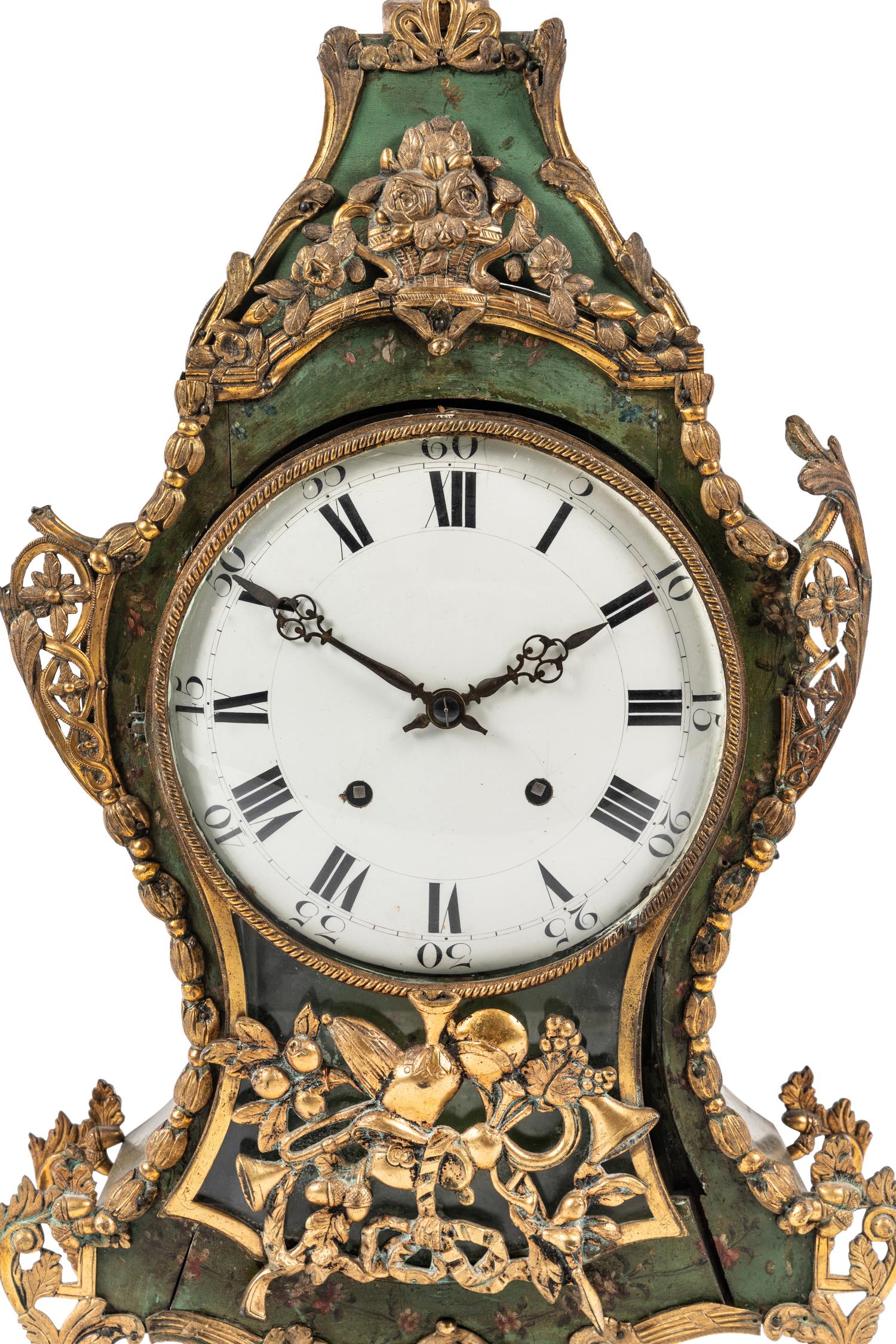 A Louis XV Gilt Metal Mounted Green-Painted Bracket Clock and Bracket