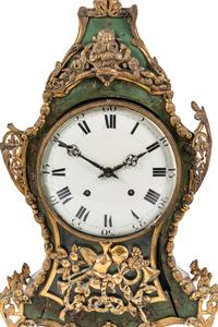 A Louis XV Gilt Metal Mounted Green-Painted Bracket Clock and Bracket