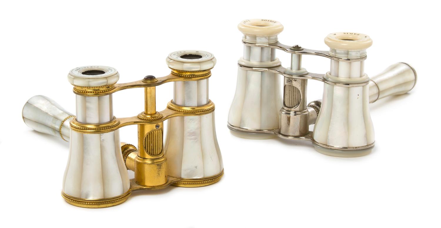 Two Pairs of French Mother-of-Pearl Veneered Opera Glasses, Lemaire, Width 3 7/8 inches.