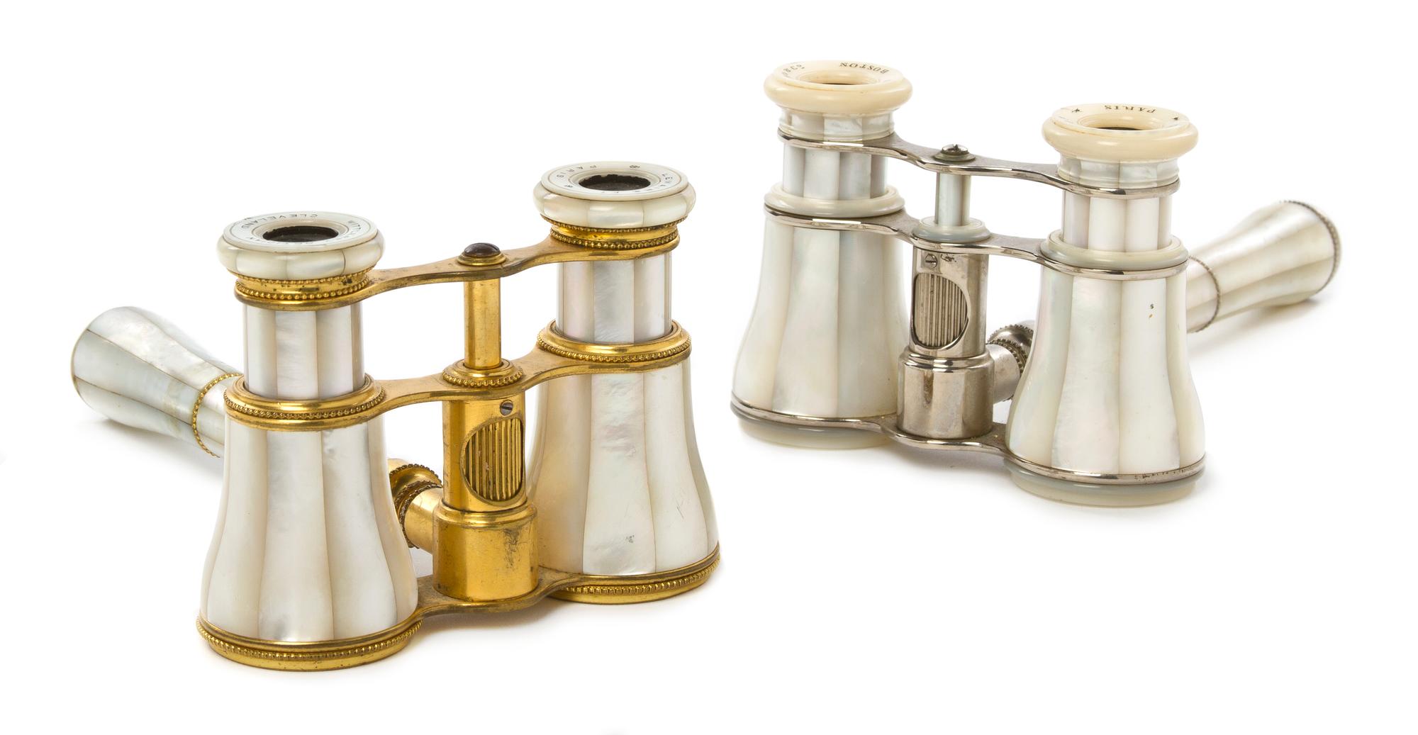 Two Pairs of French Mother-of-Pearl Veneered Opera Glasses, Lemaire, Width 3 7/8 inches.
