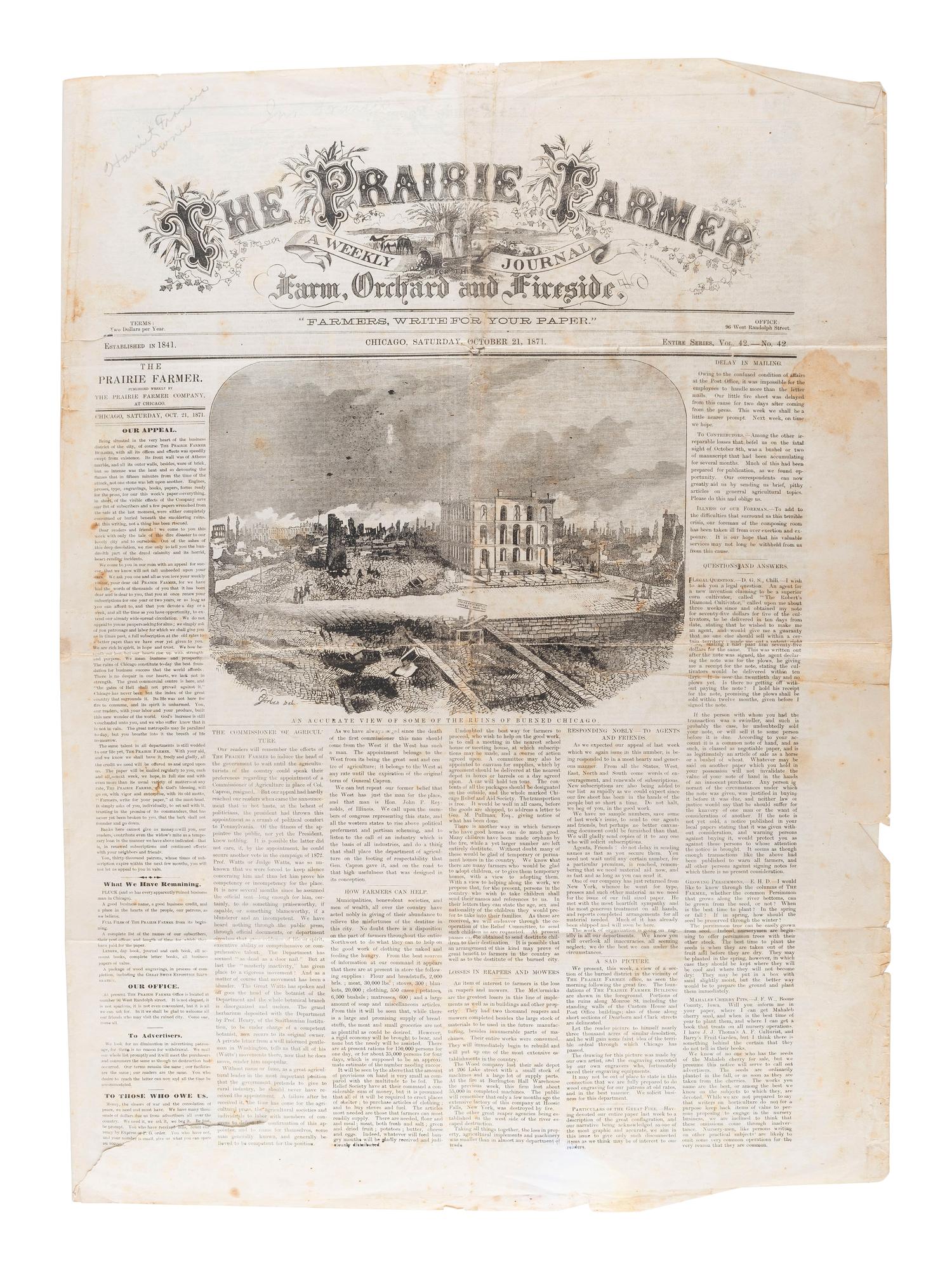 [CHICAGO FIRE]. The Prairie Farmer. Vol. 42, no. 42. Chicago, 21 October 1871. With frontpage reporting of the Chicago Fire.