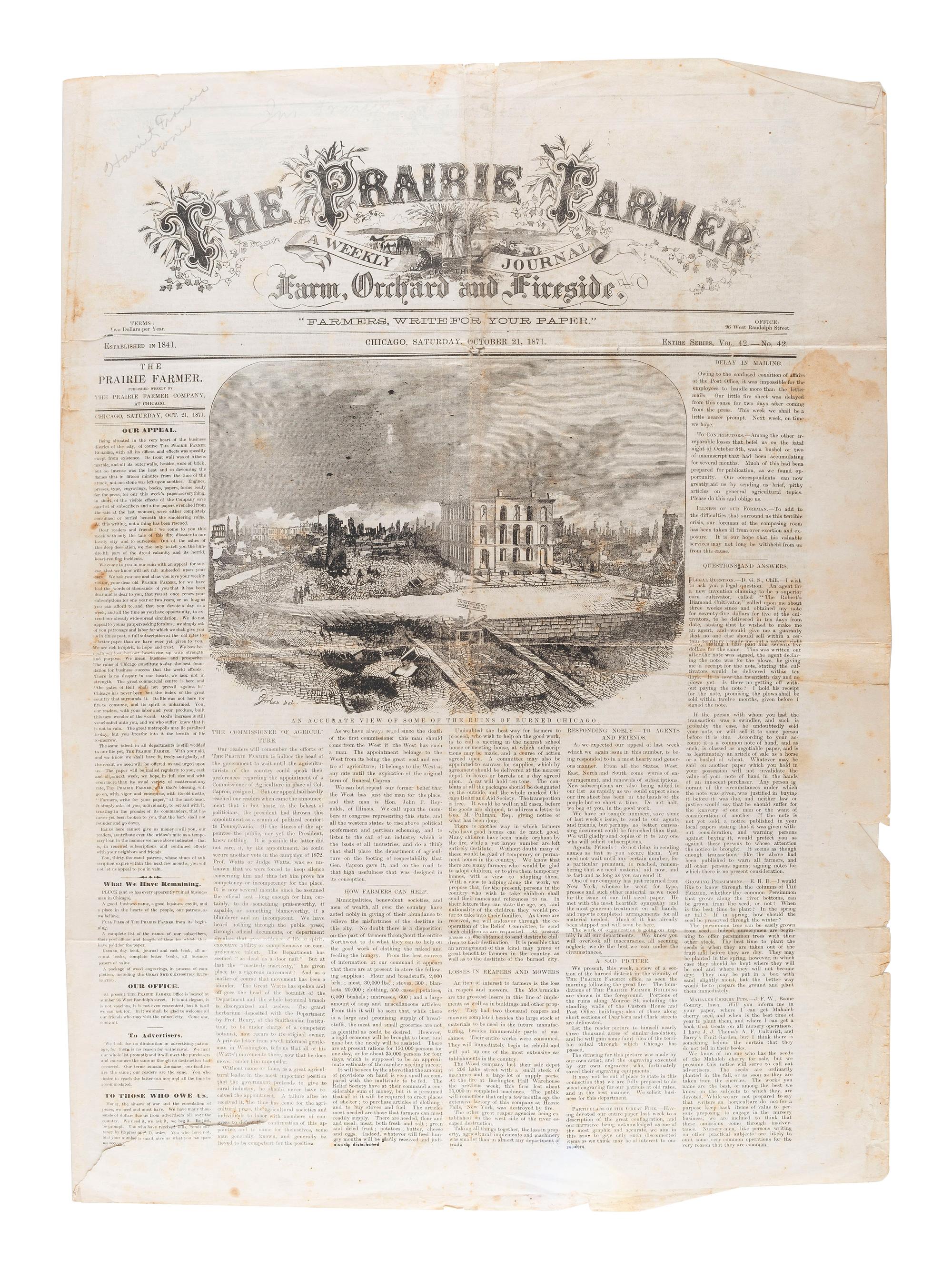 [CHICAGO FIRE]. The Prairie Farmer. Vol. 42, no. 42. Chicago, 21 October 1871. With frontpage reporting of the Chicago Fire.