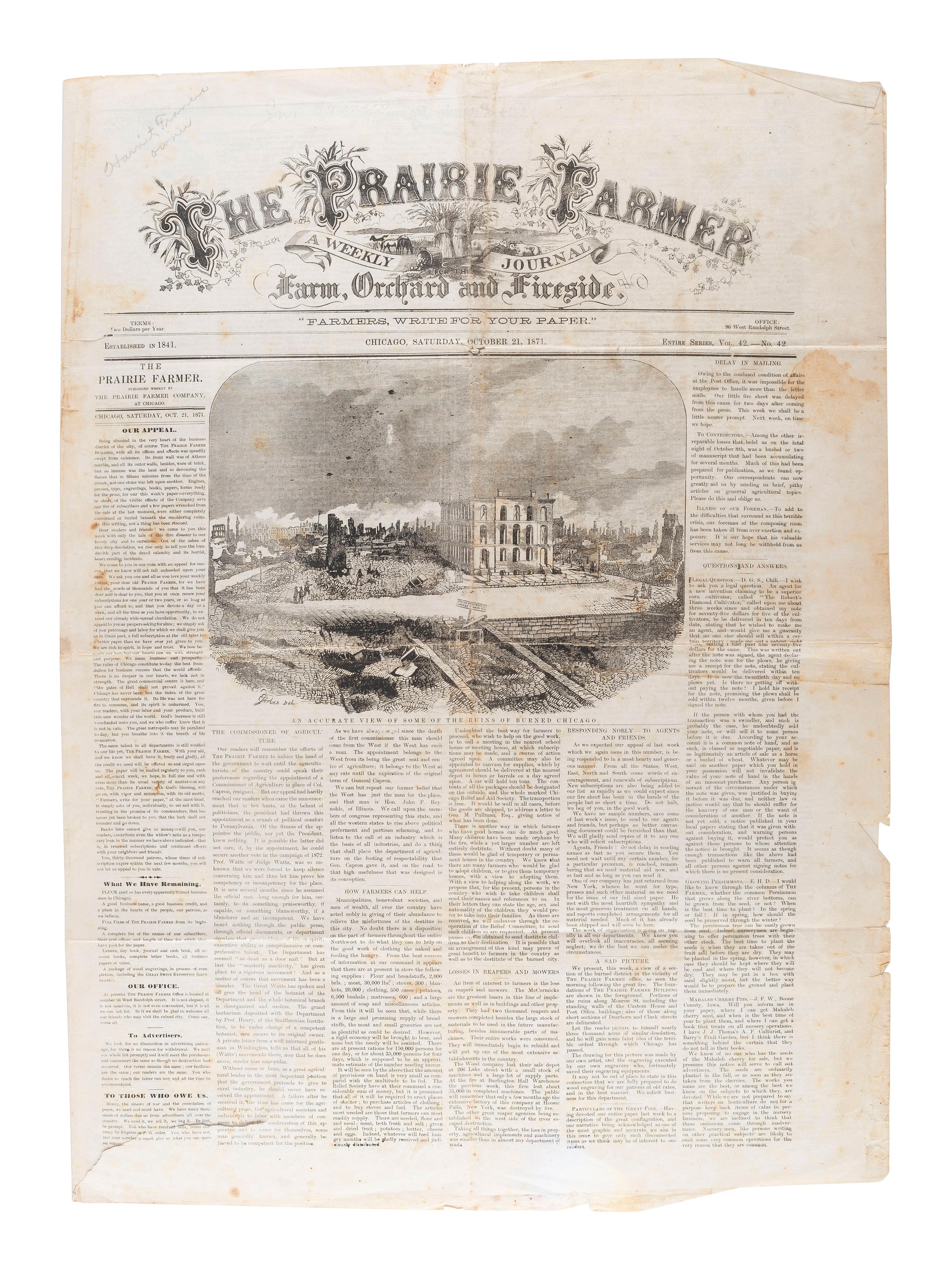 [CHICAGO FIRE]. The Prairie Farmer. Vol. 42, no. 42. Chicago, 21 October 1871. With frontpage reporting of the Chicago Fire.