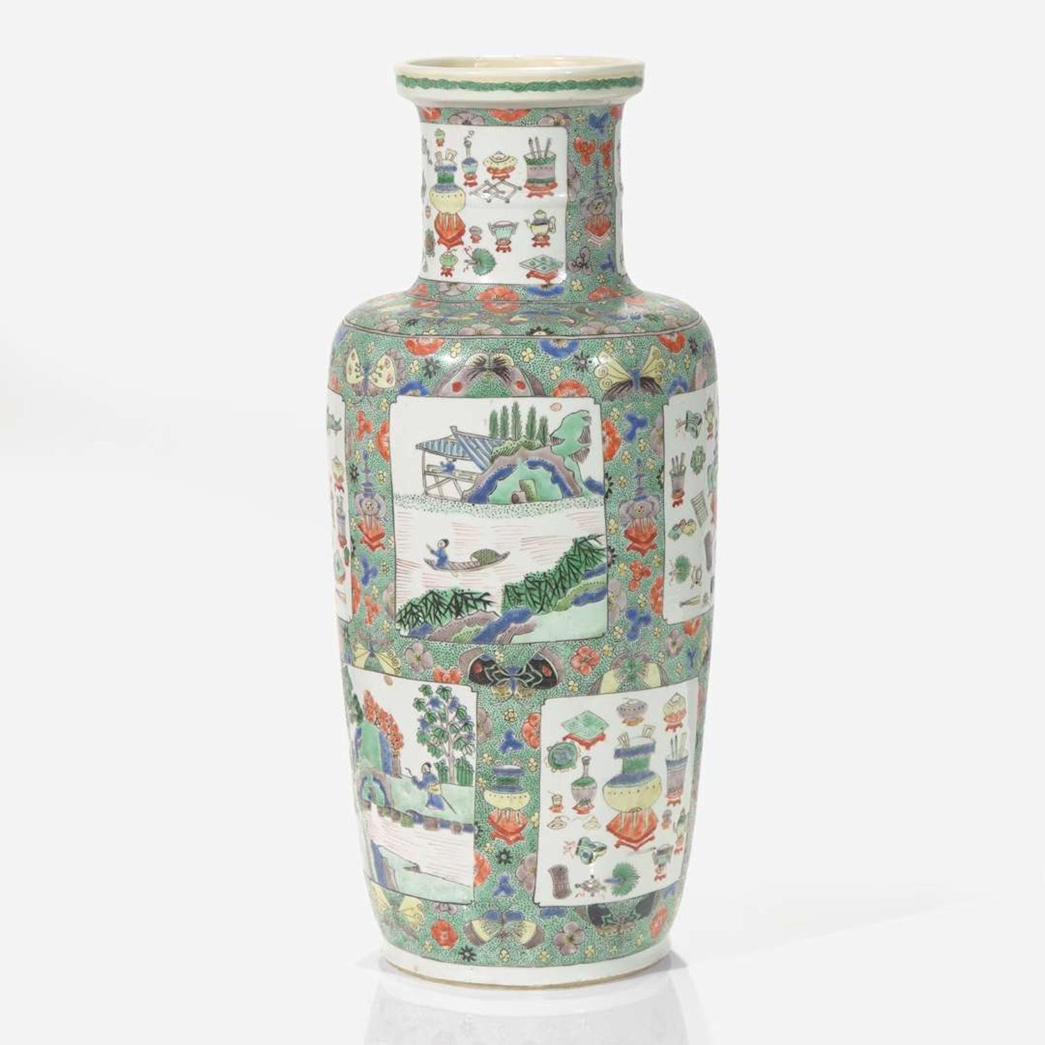 A Chinese famille verte-decorated porcelain rouleau vase 素三彩紙槌瓶 Kangxi period ? ??