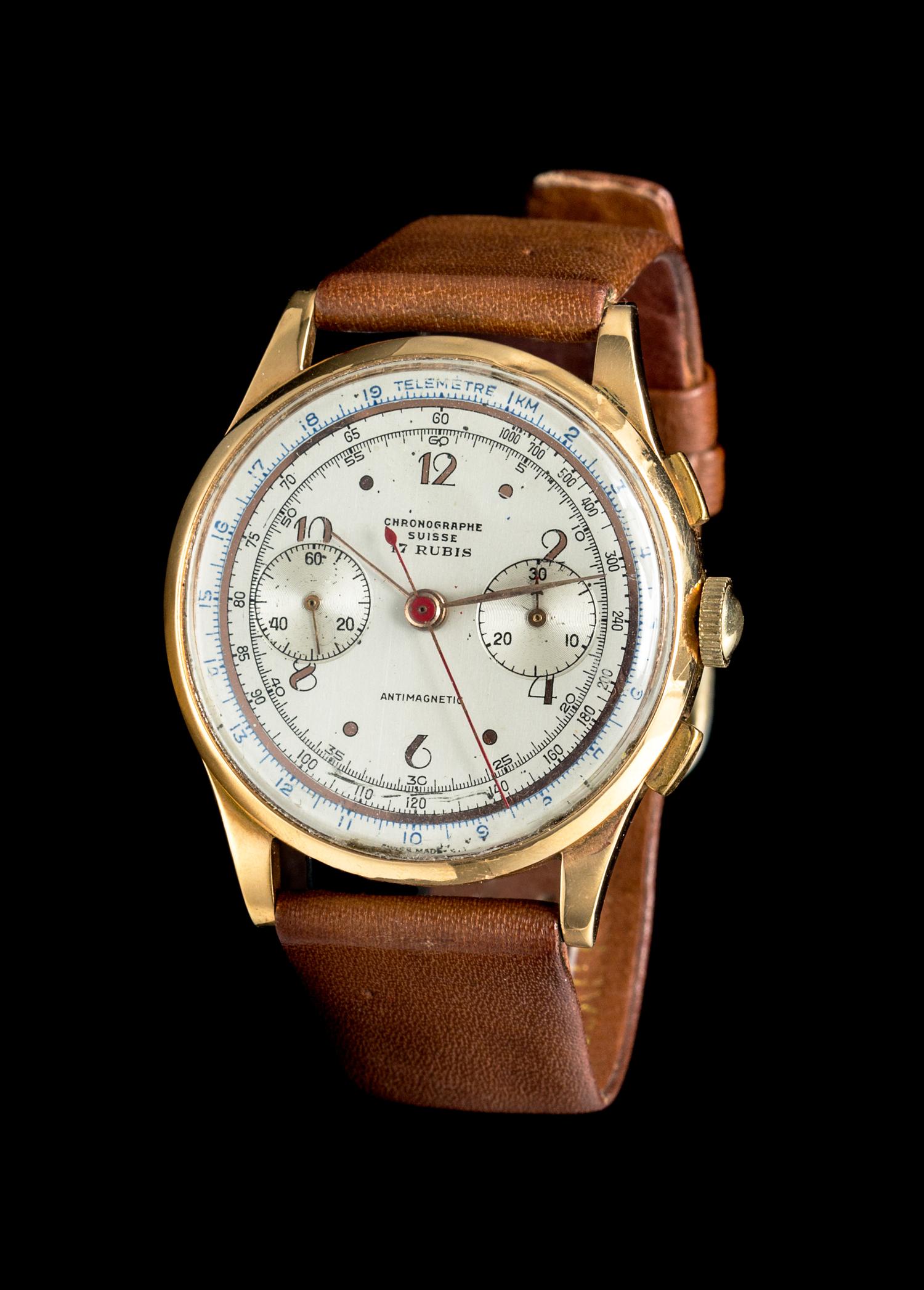 An 18 Karat Rose Gold Antimagnetic Chronograph Wristwatch, Chronographe Suisse,