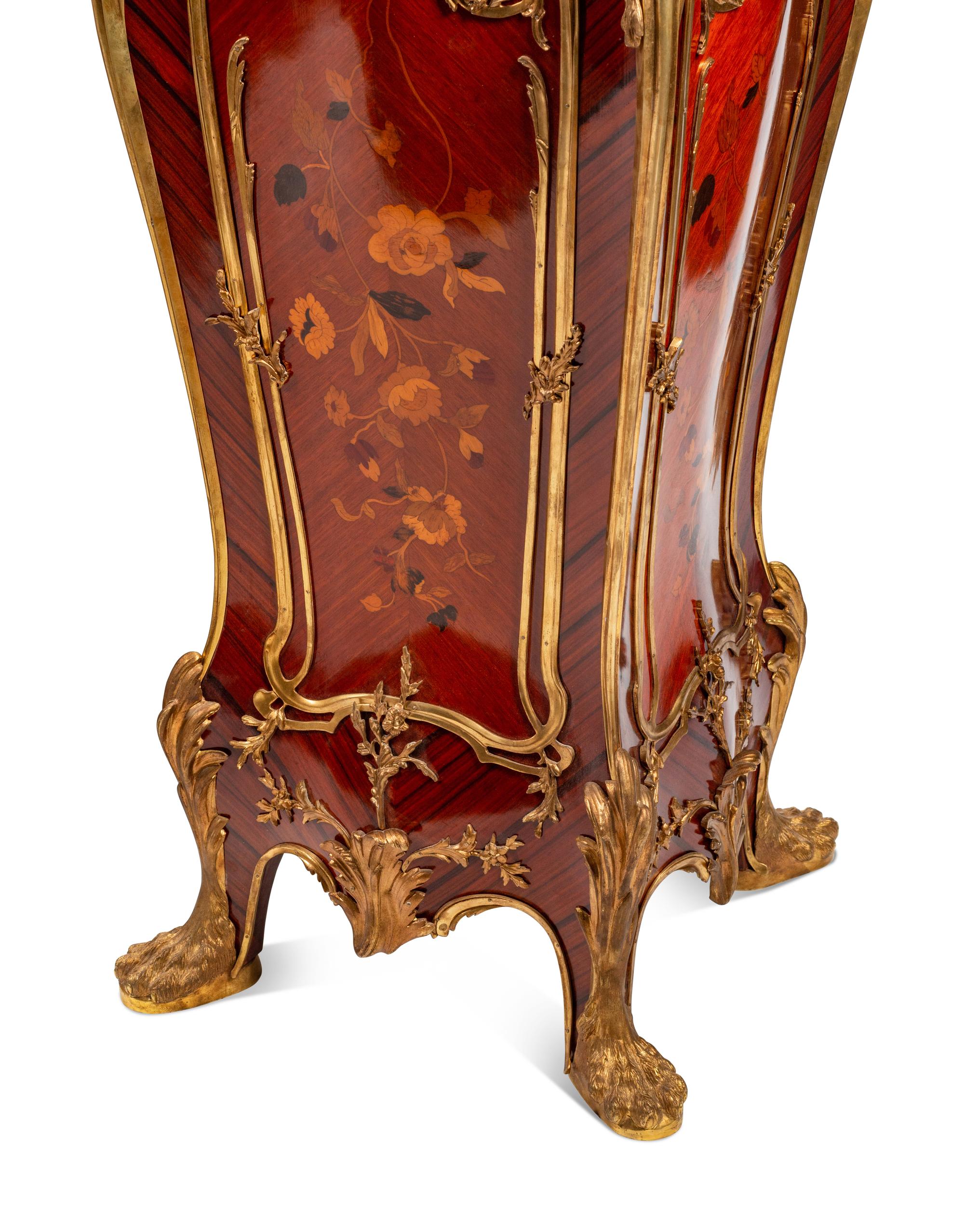 A Pair of Louis XV Style Gilt Bronze Mounted Marquetry Pedestals