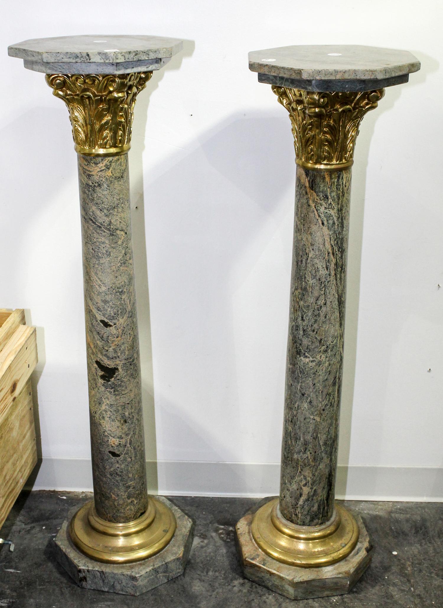A Pair of Continental Gilt Metal Mounted Marble Pedestals. Height 44 3/4 inches.