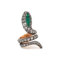 SILVER-TOPPED GOLD, EMERALD AND DIAMOND SNAKE RING