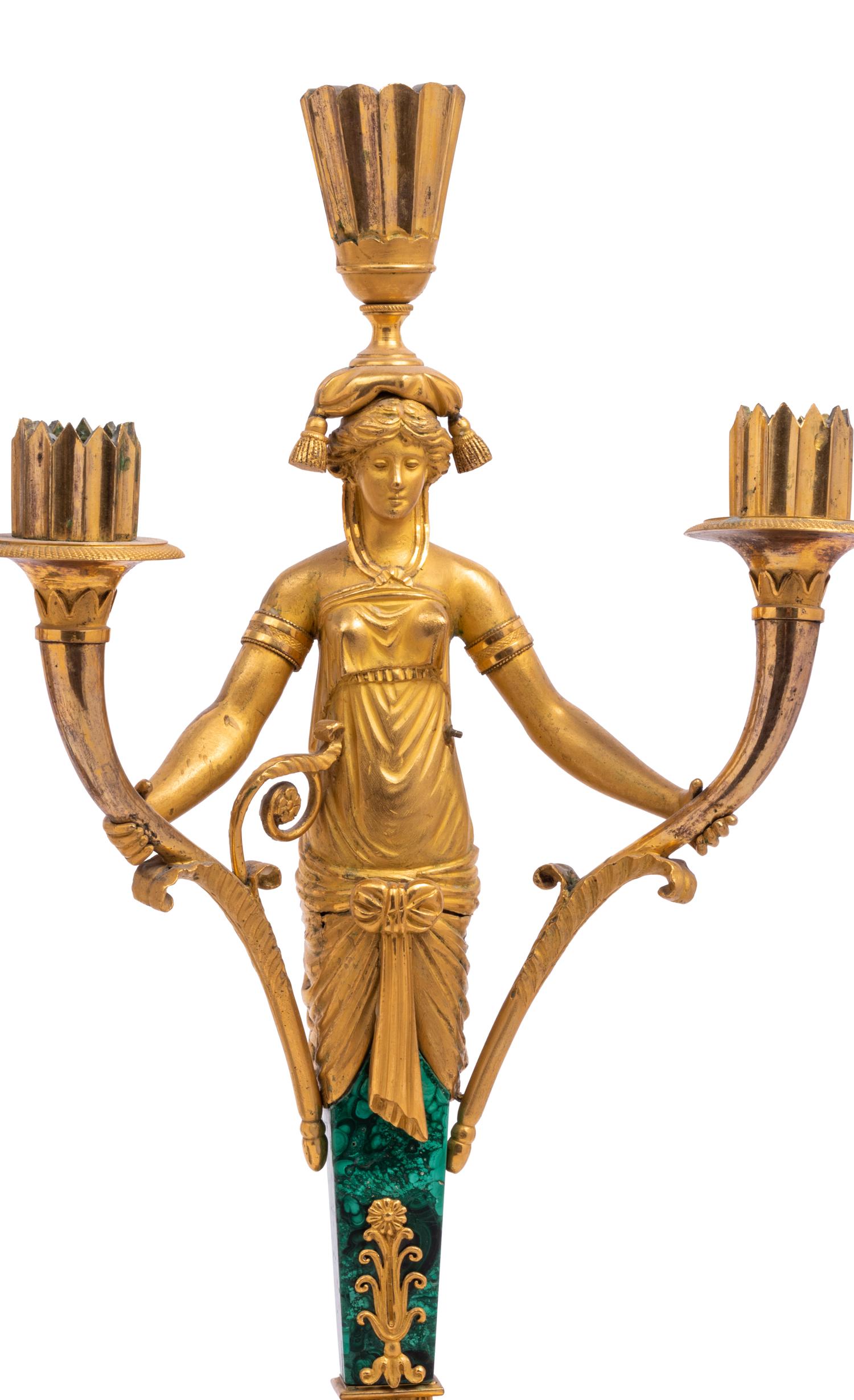 A Pair of Empire Style Gilt Bronze and Malachite Veneered Three-Light Candelabra