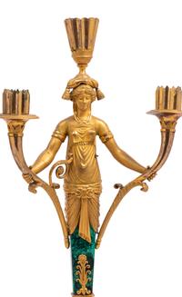 A Pair of Empire Style Gilt Bronze and Malachite Veneered Three-Light Candelabra