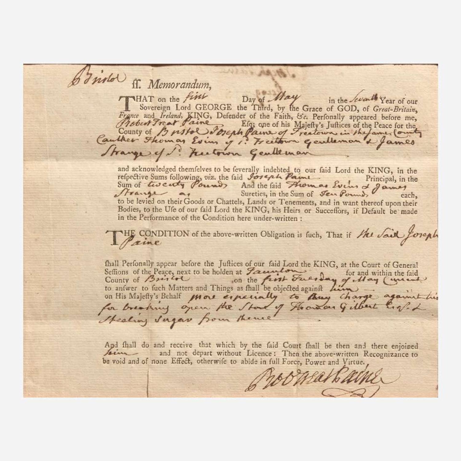 [Americana] [Declaration of Independence] Paine, Robert Treat, and Thomas Heyward Group of 2 Partially-Printed Documents, signed