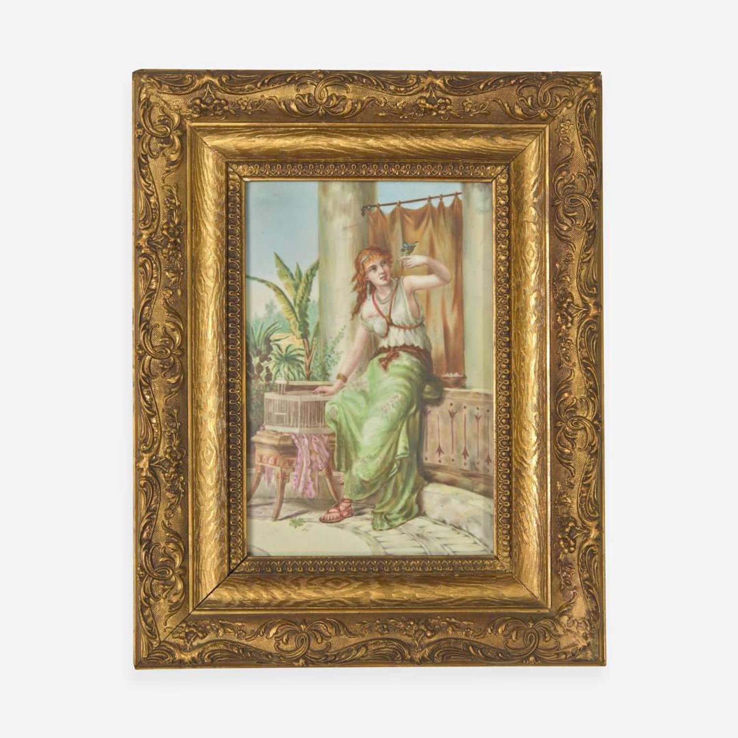 A KPM style painted porcelain plaque depicting a lady with bird in a Classical setting late 19th century