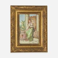 A KPM style painted porcelain plaque depicting a lady with bird in a Classical setting late 19th century