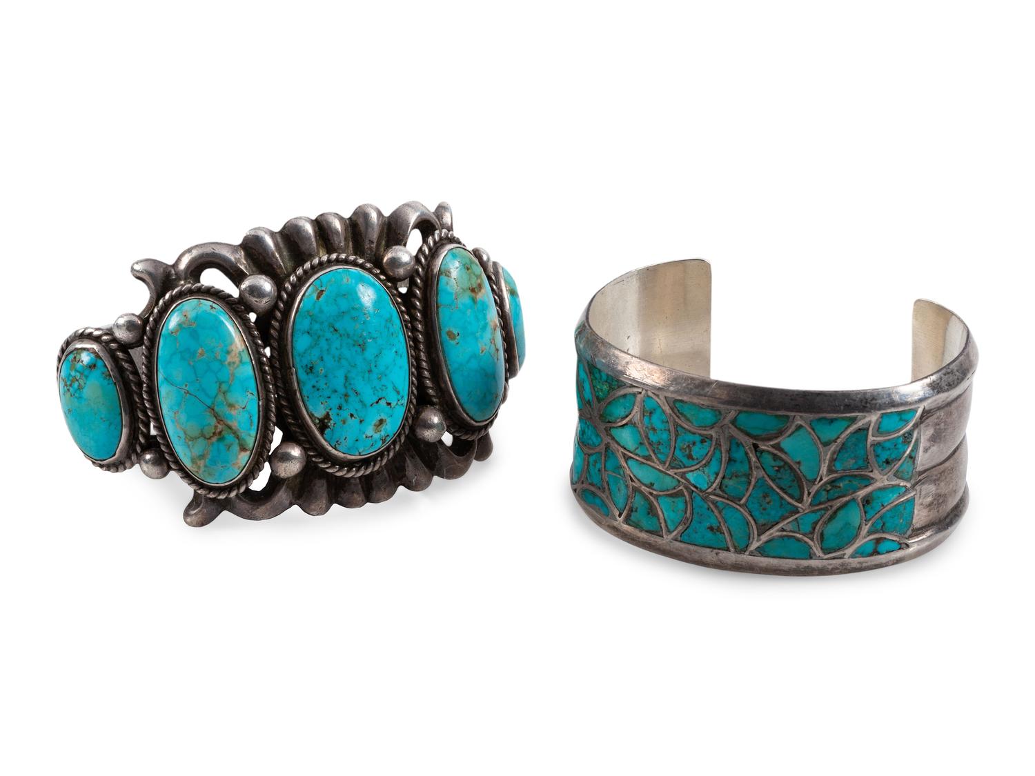 Pair of Navajo and Zuni Silver and Turquoise Cuff Bracelets