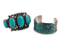 Pair of Navajo and Zuni Silver and Turquoise Cuff Bracelets