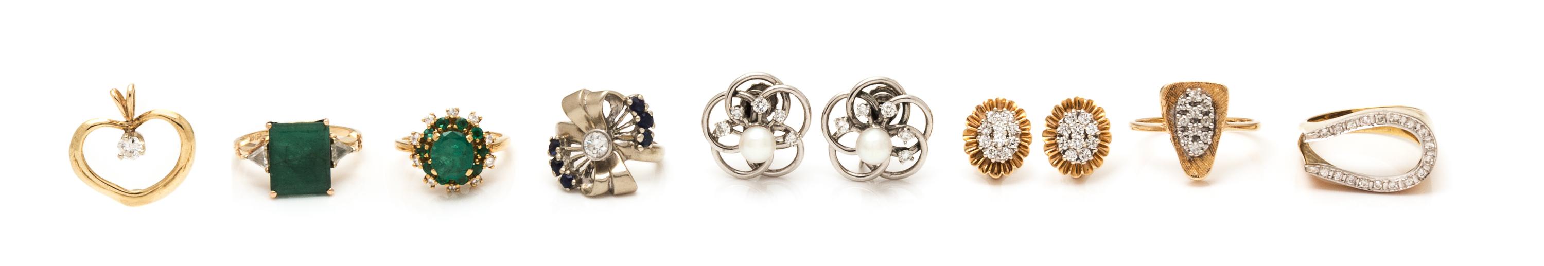 A Collection of Gold, Emerald, Diamond and Sapphire Jewelry, 13.70 dwts.