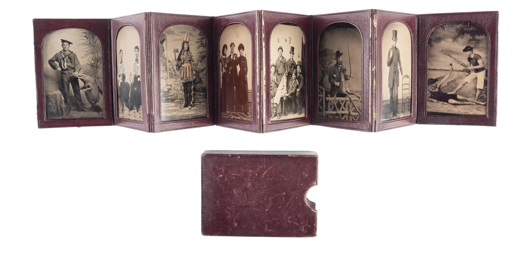 [EARLY PHOTOGRAPHY - PORTRAITURE]. A leatherette accordion album containing 8 tintype portraits of men and women in unusual poses and with interesting props, including: