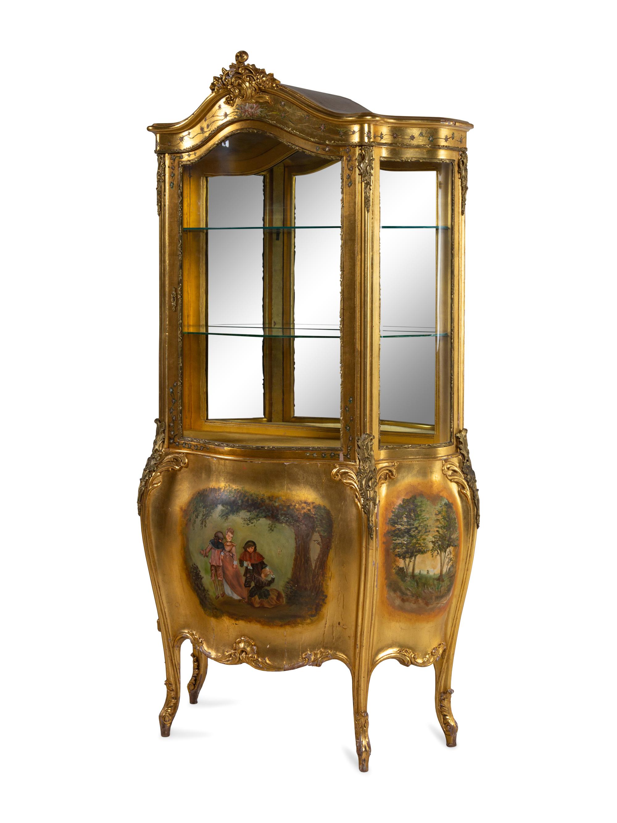 A Louis XV Style Gilt Bronze Mounted Giltwood Vitrine Cabinet