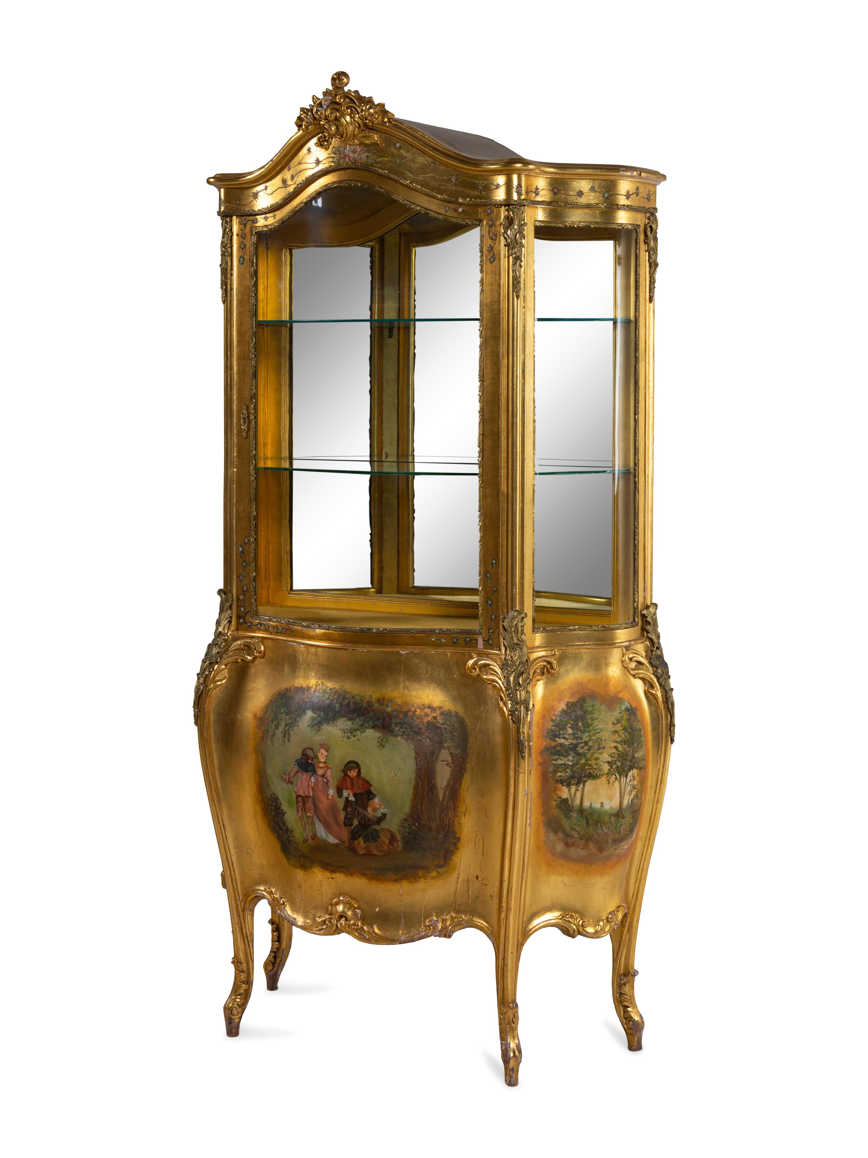 A Louis XV Style Gilt Bronze Mounted Giltwood Vitrine Cabinet
