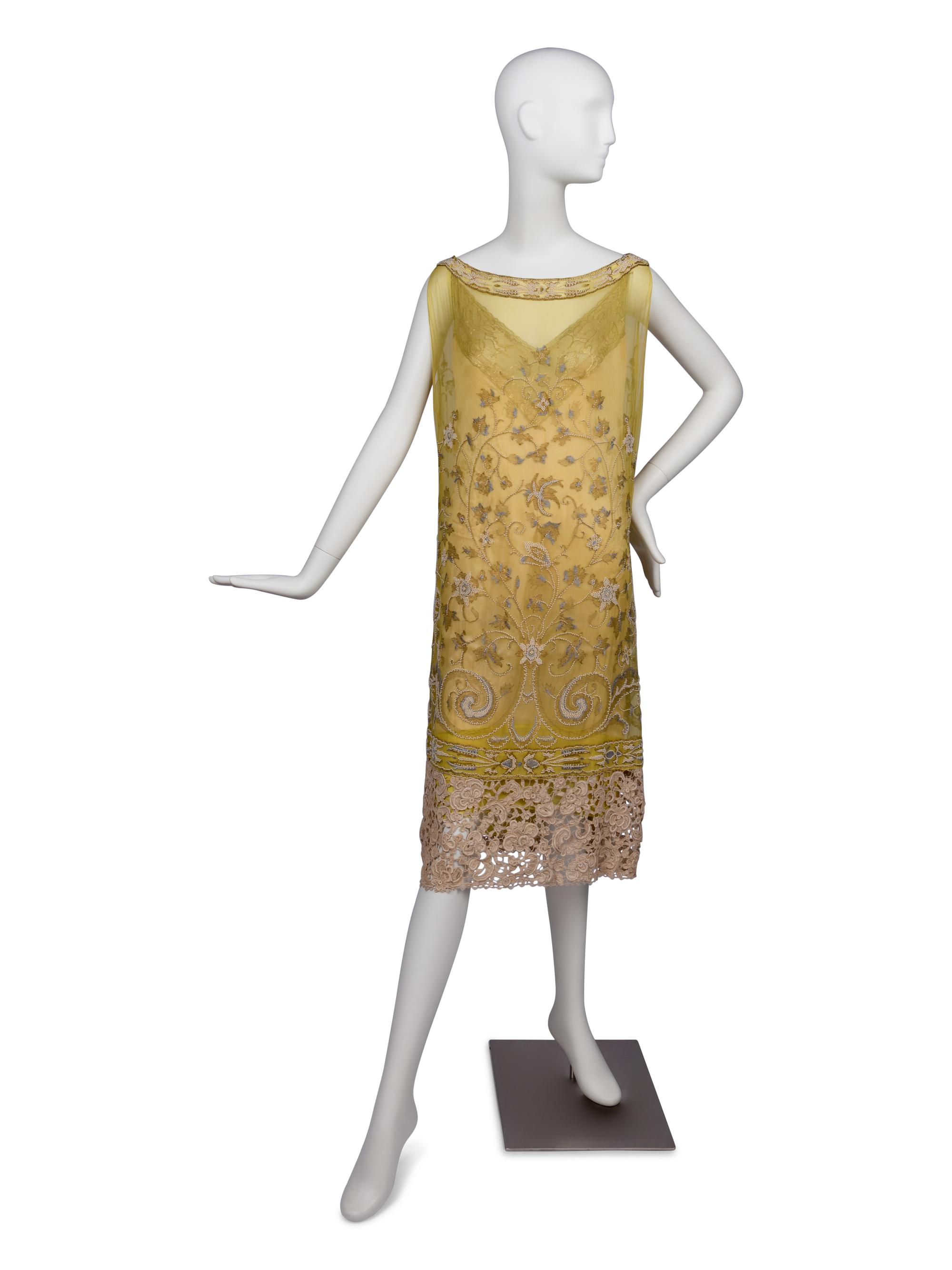 Callot Soeurs Green Silk Dress with Lace, 1920s