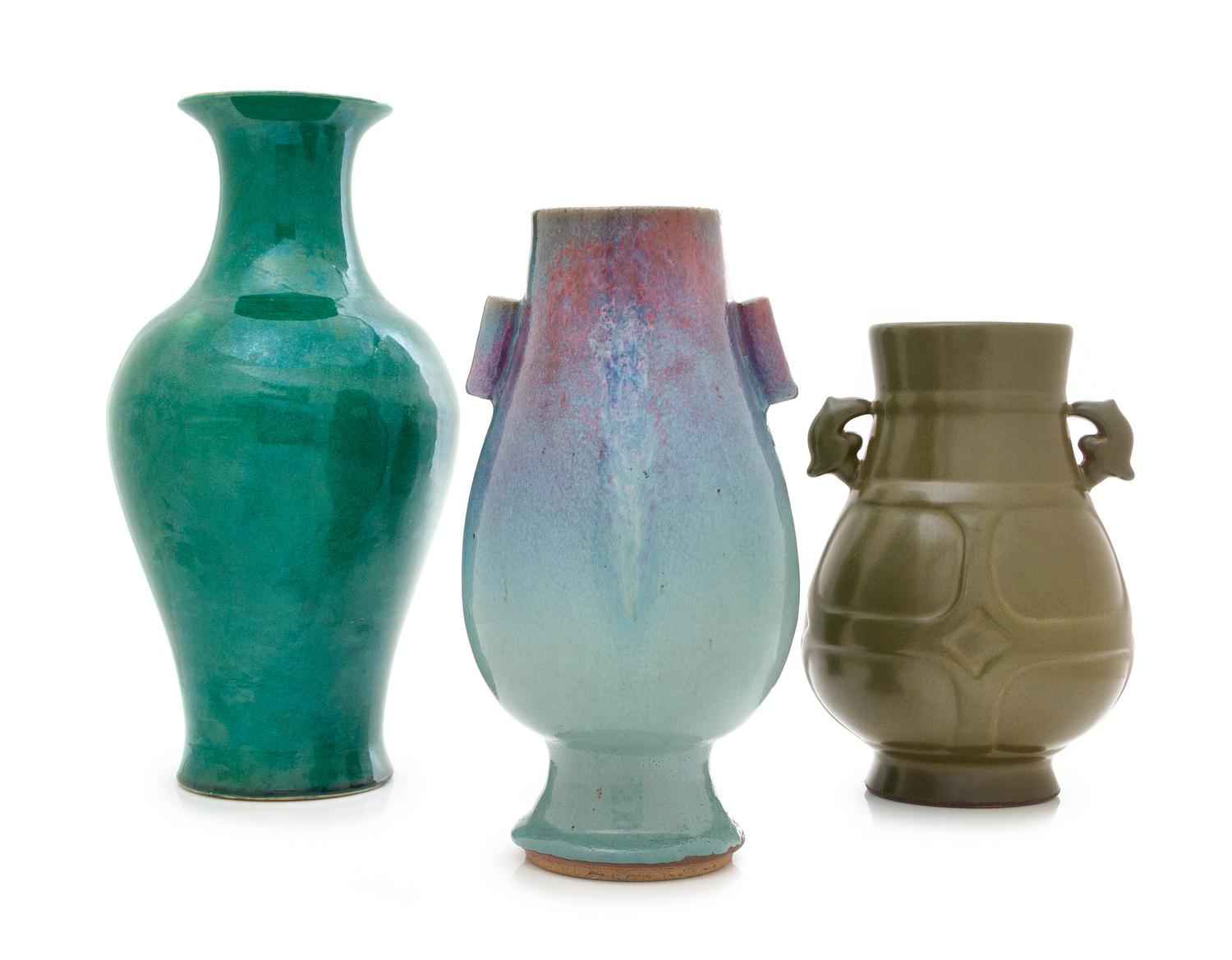 Three Monochrome Glazed Porcelain Vases Height of tallest 12 inches. — 19TH-20TH CENTURY