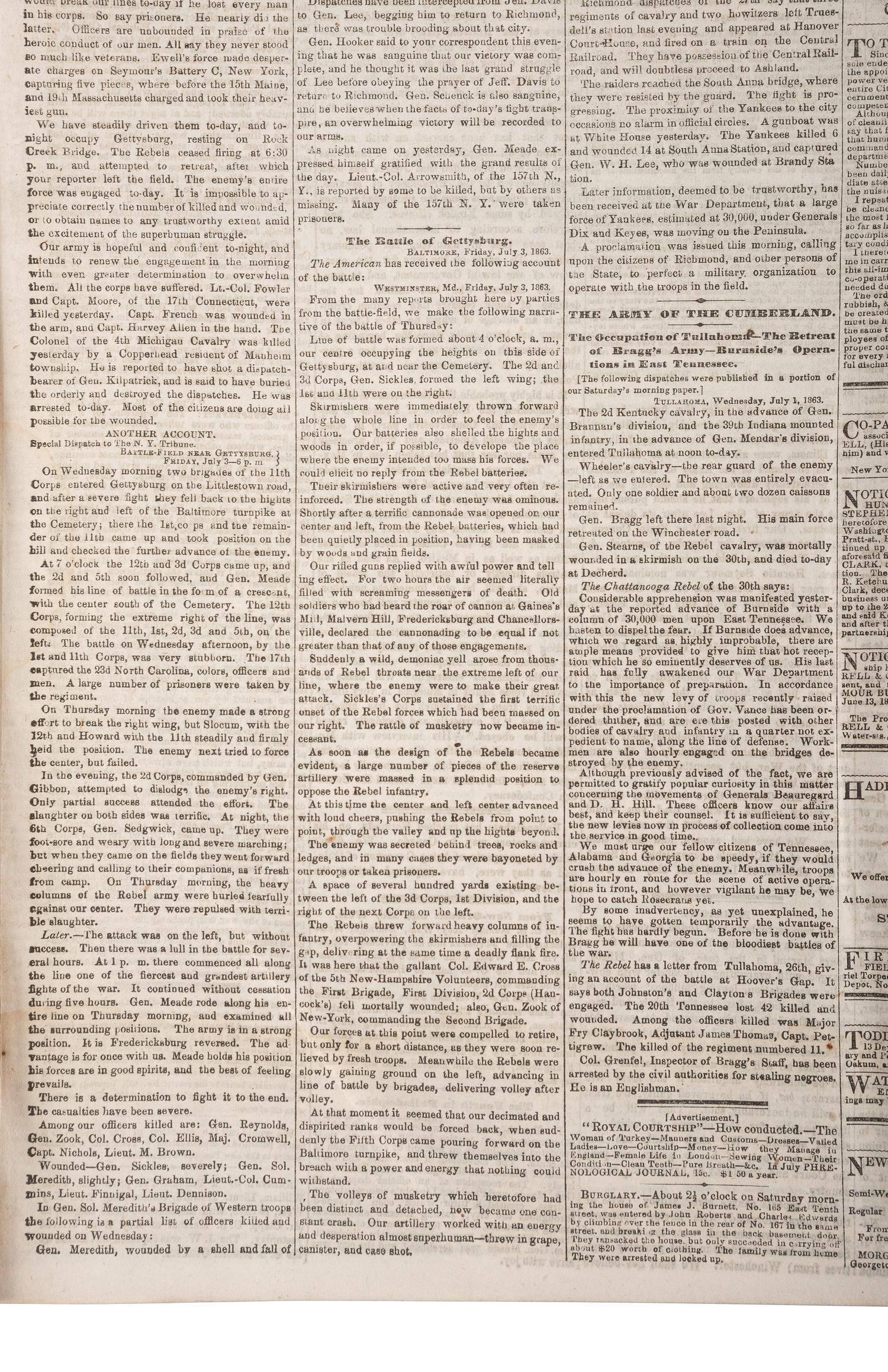 [CIVIL WAR - BATTLE OF GETTYSBURG]. The New York Daily Tribune. Vol. XXIII, No. 6,943. New York: 6 July 1863.
