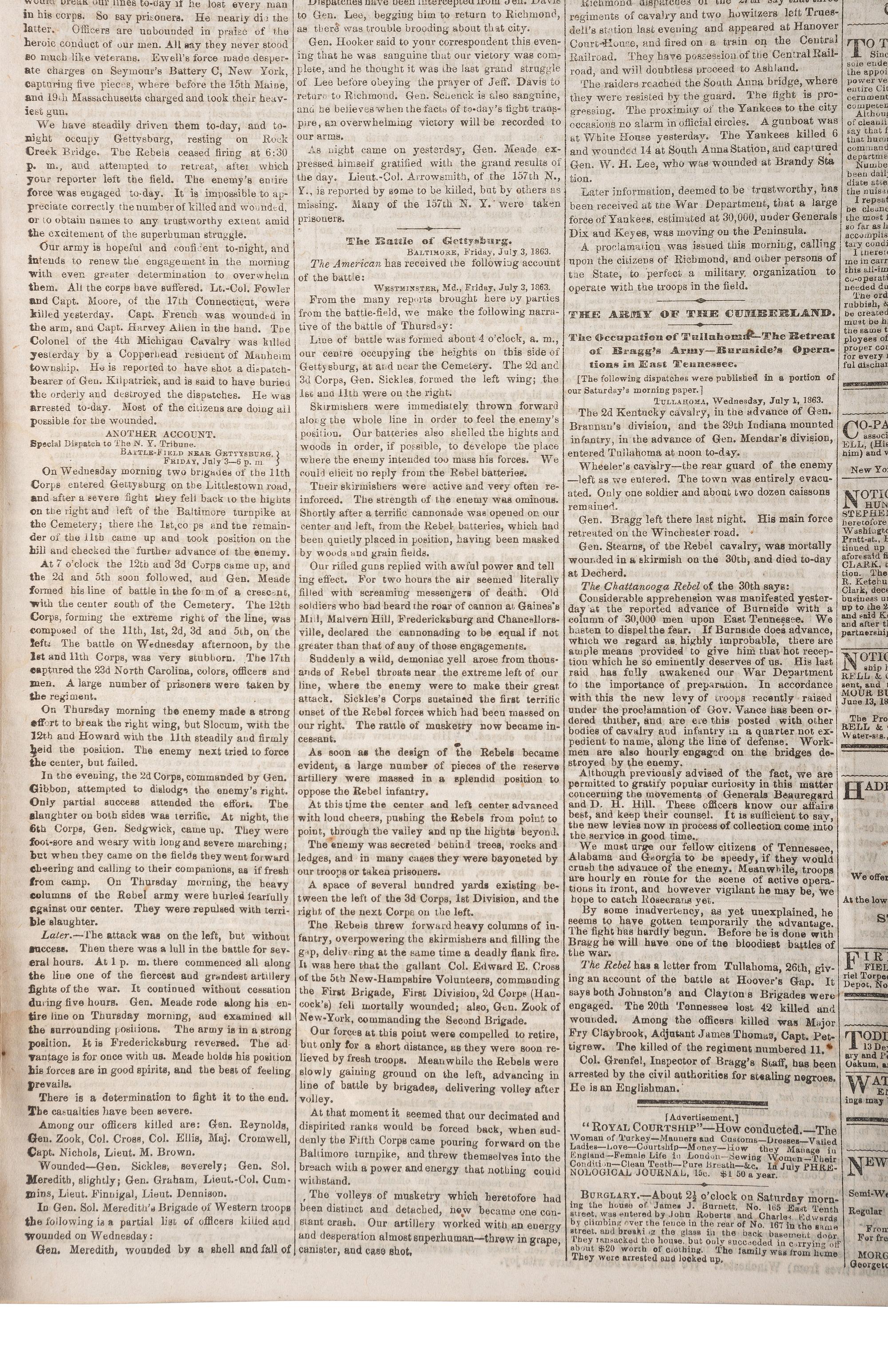 [CIVIL WAR - BATTLE OF GETTYSBURG]. The New York Daily Tribune. Vol. XXIII, No. 6,943. New York: 6 July 1863.