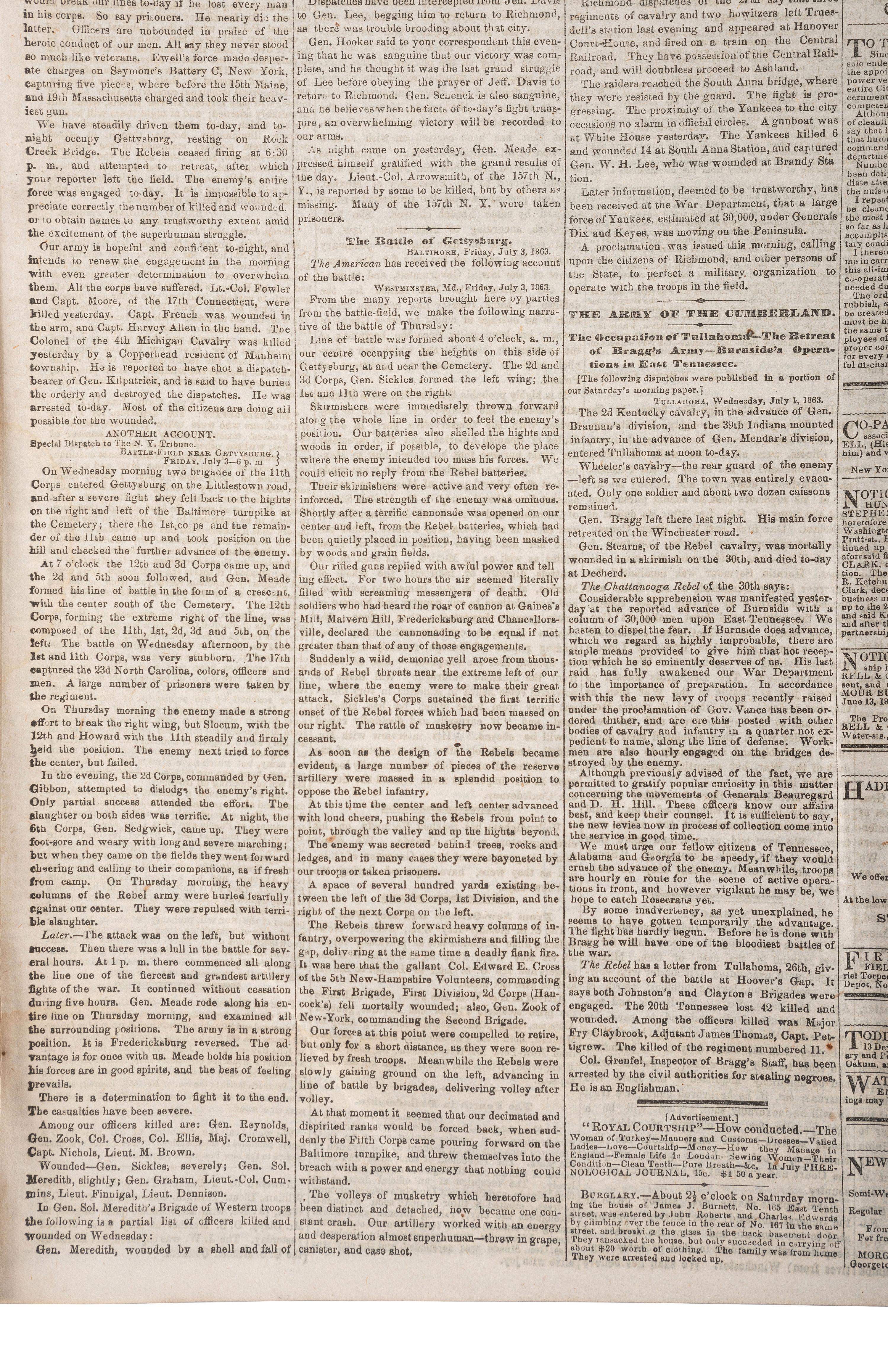 [CIVIL WAR - BATTLE OF GETTYSBURG]. The New York Daily Tribune. Vol. XXIII, No. 6,943. New York: 6 July 1863.