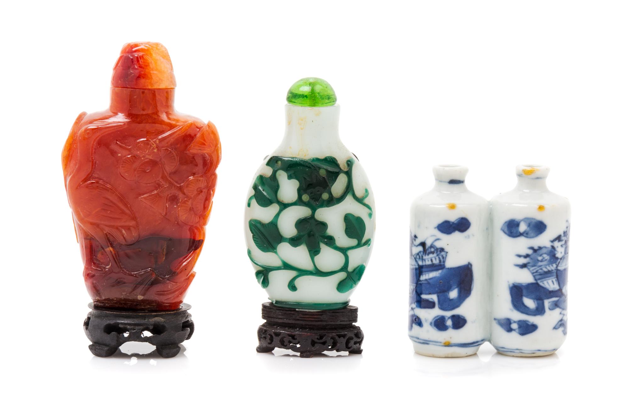 Three Snuff Bottles Height of tallest 3 1/8 inches.