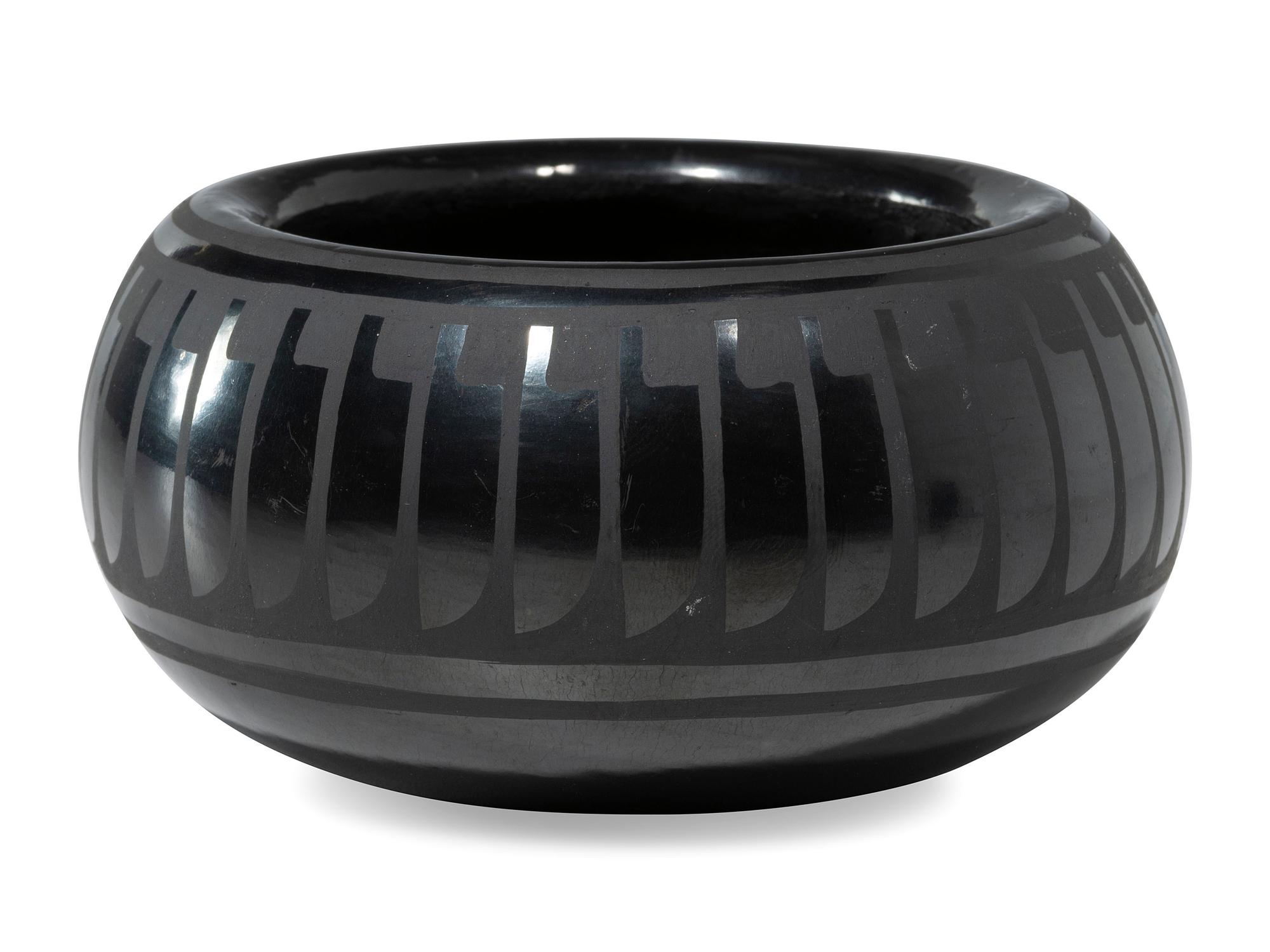 Blackware Pottery Jar, with Repeating Feather Design