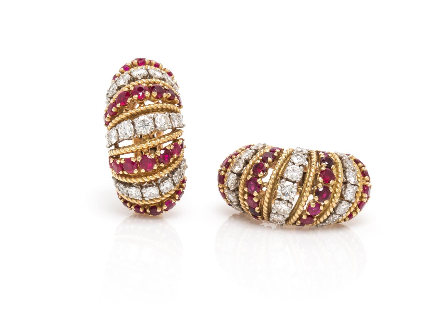 A Pair of 18 Karat Yellow Gold, Diamond and Ruby Earclips, French, 12.80 dwts.