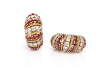 A Pair of 18 Karat Yellow Gold, Diamond and Ruby Earclips, French, 12.80 dwts.