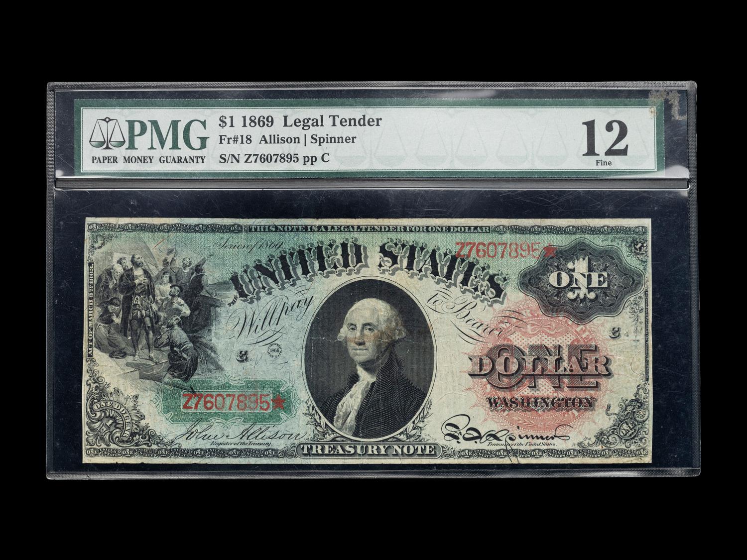A Series 1869 $1 Rainbow Ace Legal Tender Note (PMG F12) [Fr. 18]