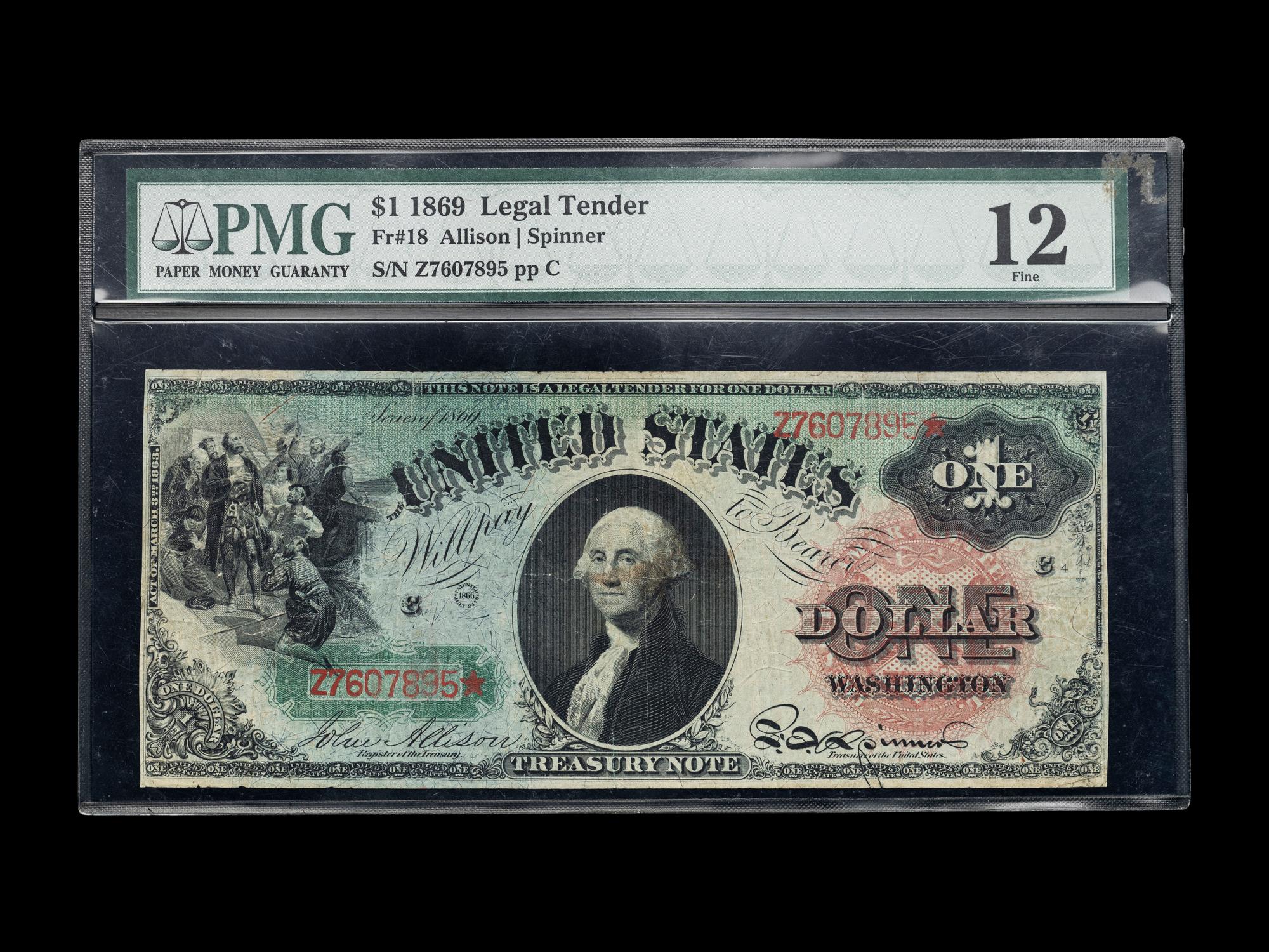 A Series 1869 $1 Rainbow Ace Legal Tender Note (PMG F12) [Fr. 18]